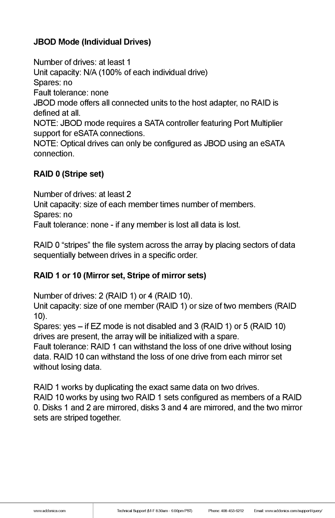 Addonics Technologies RR2035ASDML manual Jbod Mode Individual Drives, RAID 0 Stripe set 