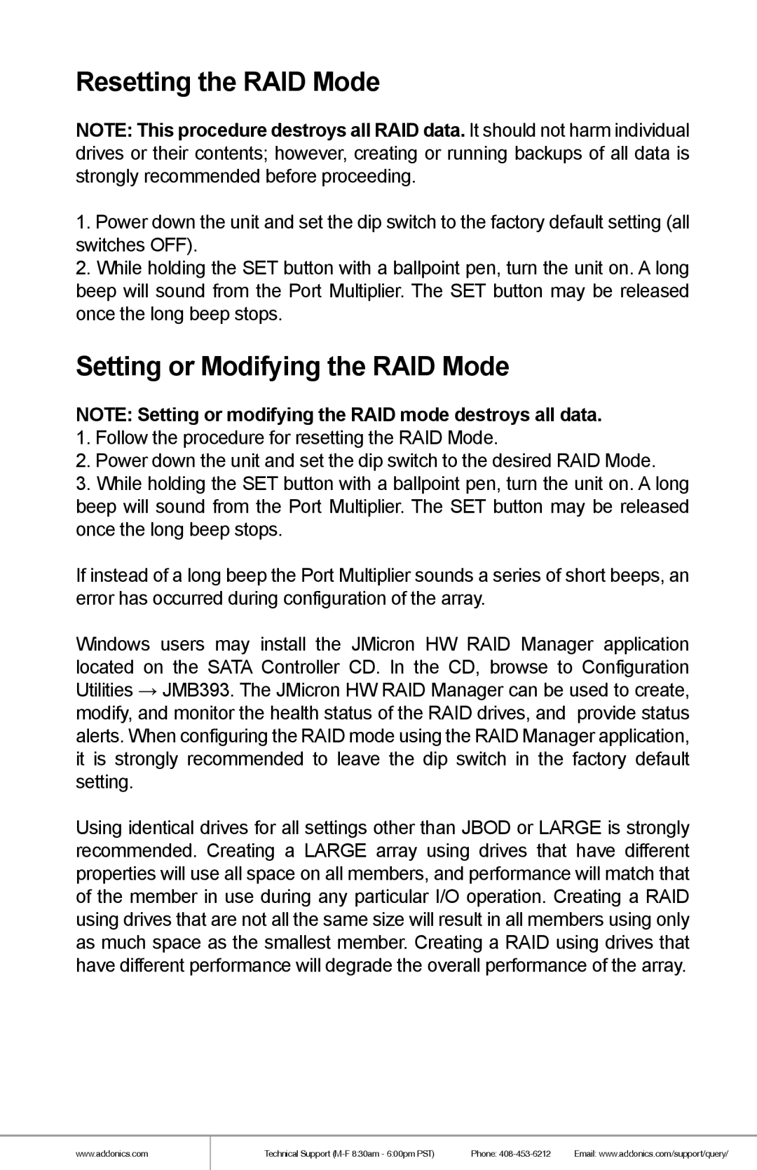 Addonics Technologies RR2035ASDML manual Resetting the RAID Mode, Setting or Modifying the RAID Mode 