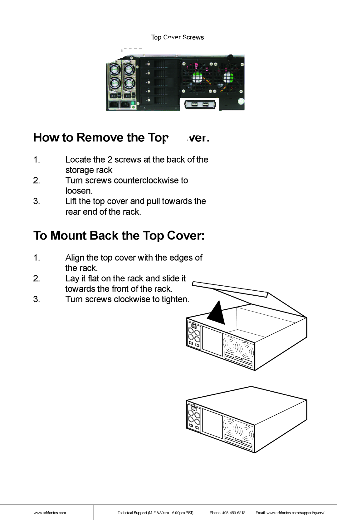 Addonics Technologies RR2035RSDES manual How to Remove the Top Cover, To Mount Back the Top Cover 