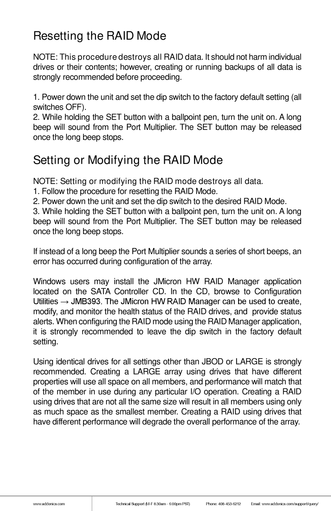 Addonics Technologies RR2035RSDMS manual Resetting the RAID Mode, Setting or Modifying the RAID Mode 