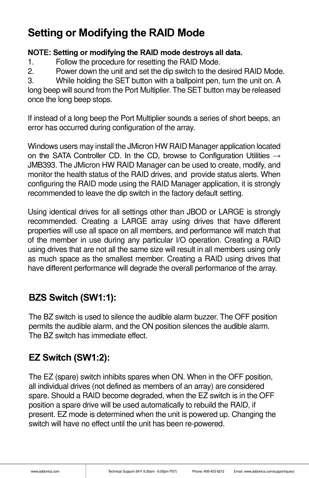 Addonics Technologies RT134SDEU3 manual Setting or Modifying the RAID Mode, BZS Switch SW11, EZ Switch SW12 