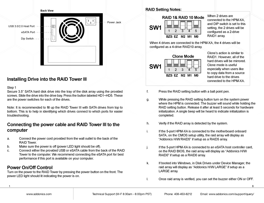 Addonics Technologies RT3DAHEU3 manual Installing Drive into the RAID Tower, Power On/Off Control, M2 M1 M0 