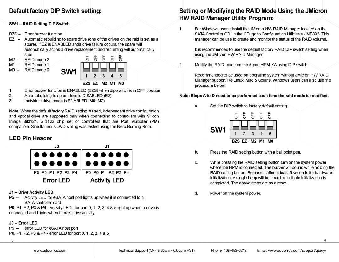 Addonics Technologies RT3DAHEU3 manual Default factory DIP Switch setting, LED Pin Header 