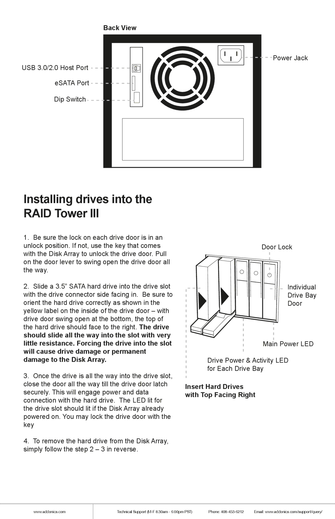 Addonics Technologies RT3S5HEU3 manual Installing drives into the RAID Tower 