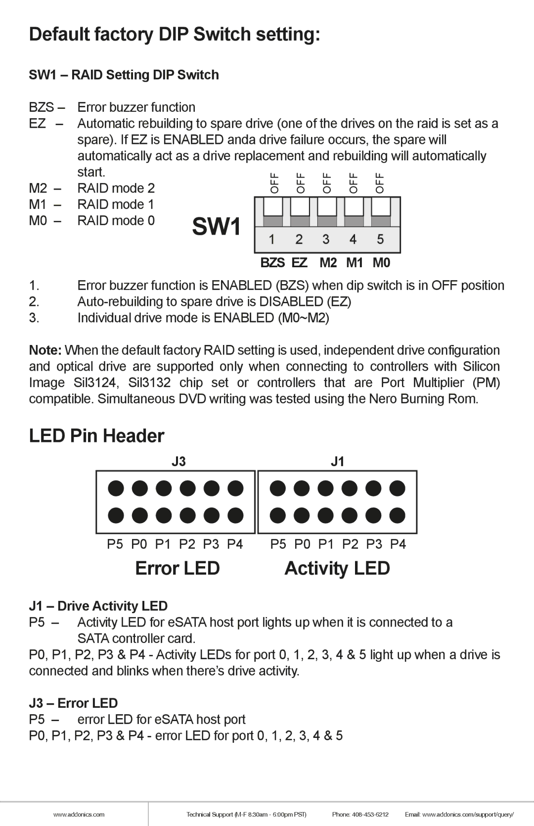 Addonics Technologies RT3S5HEU3 manual Default factory DIP Switch setting, LED Pin Header, Error LED, Activity LED 