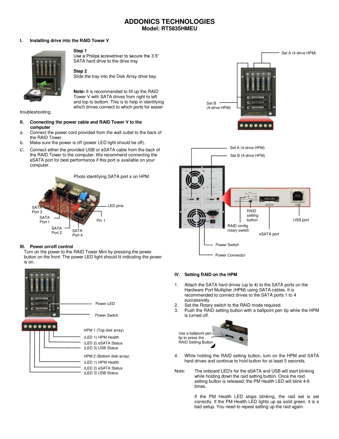 Addonics Technologies manual Addonics Technologies, Model RT5835HMEU, Installing drive into the RAID Tower Step 