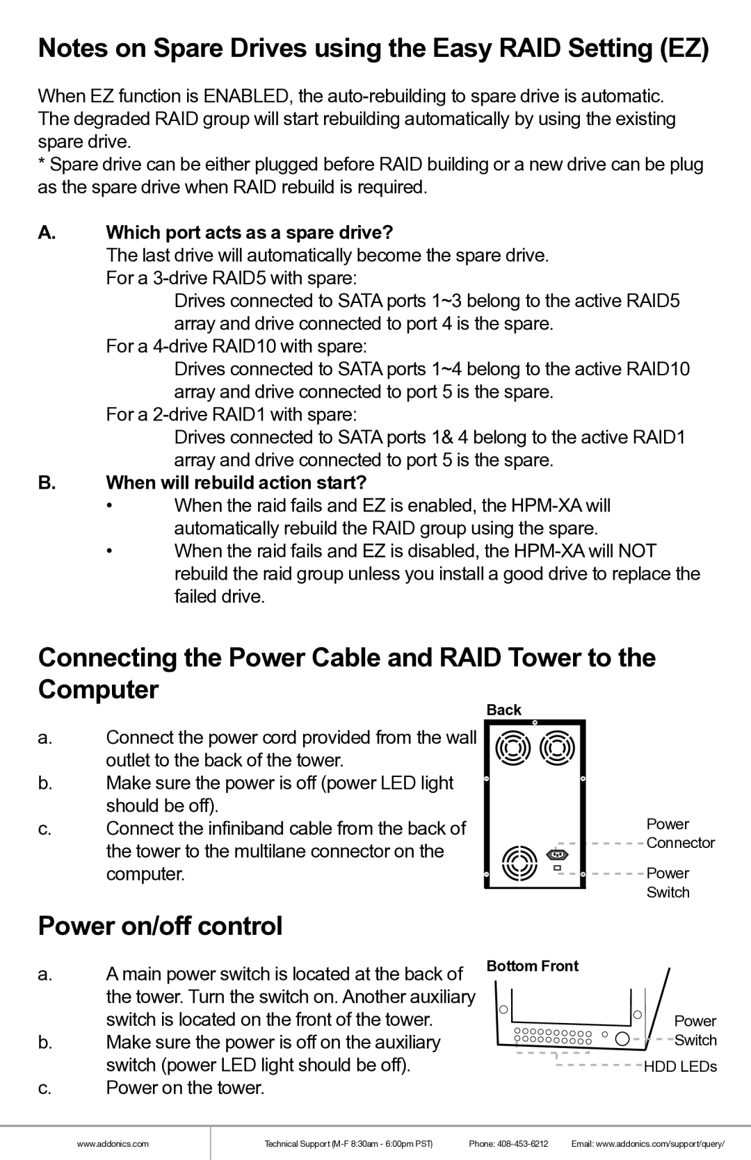 Addonics Technologies RT93DAHXML manual Connecting the Power Cable and RAID Tower to the Computer, Power on/off control 