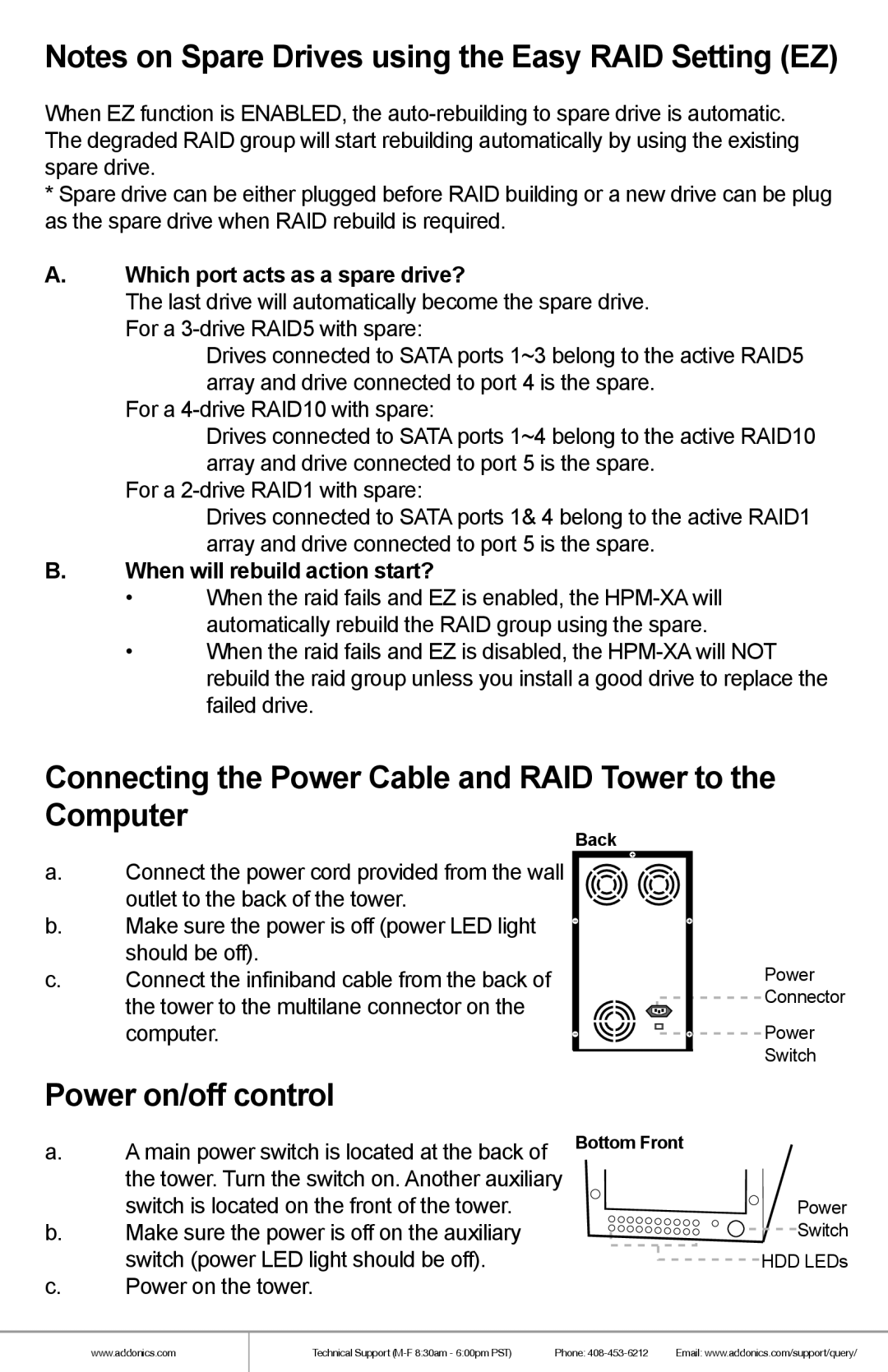 Addonics Technologies RT93DAHXML manual Power on/off control, A.Which port acts as a spare drive? 