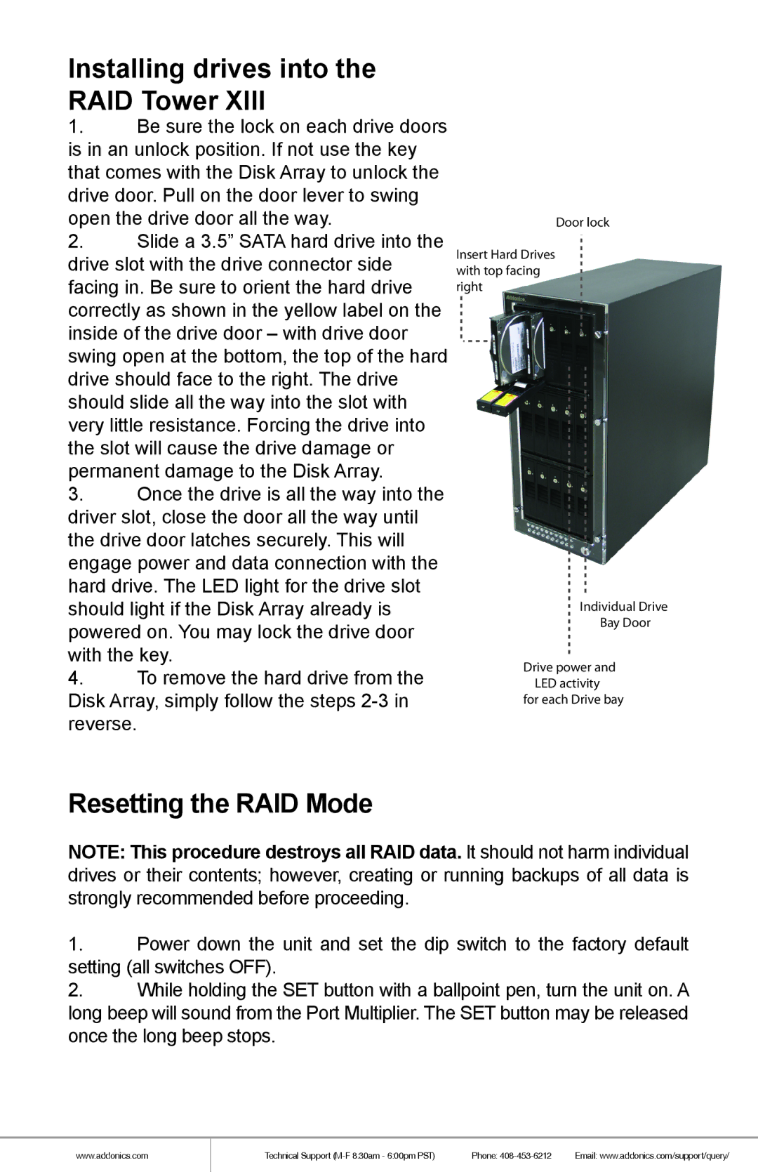 Addonics Technologies RT93SNDHMS manual Installing drives into the RAID Tower, Resetting the RAID Mode 