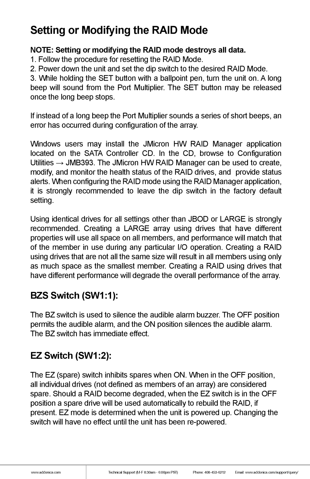 Addonics Technologies RTM2233EU3 manual Setting or Modifying the RAID Mode, BZS Switch SW11, EZ Switch SW12 