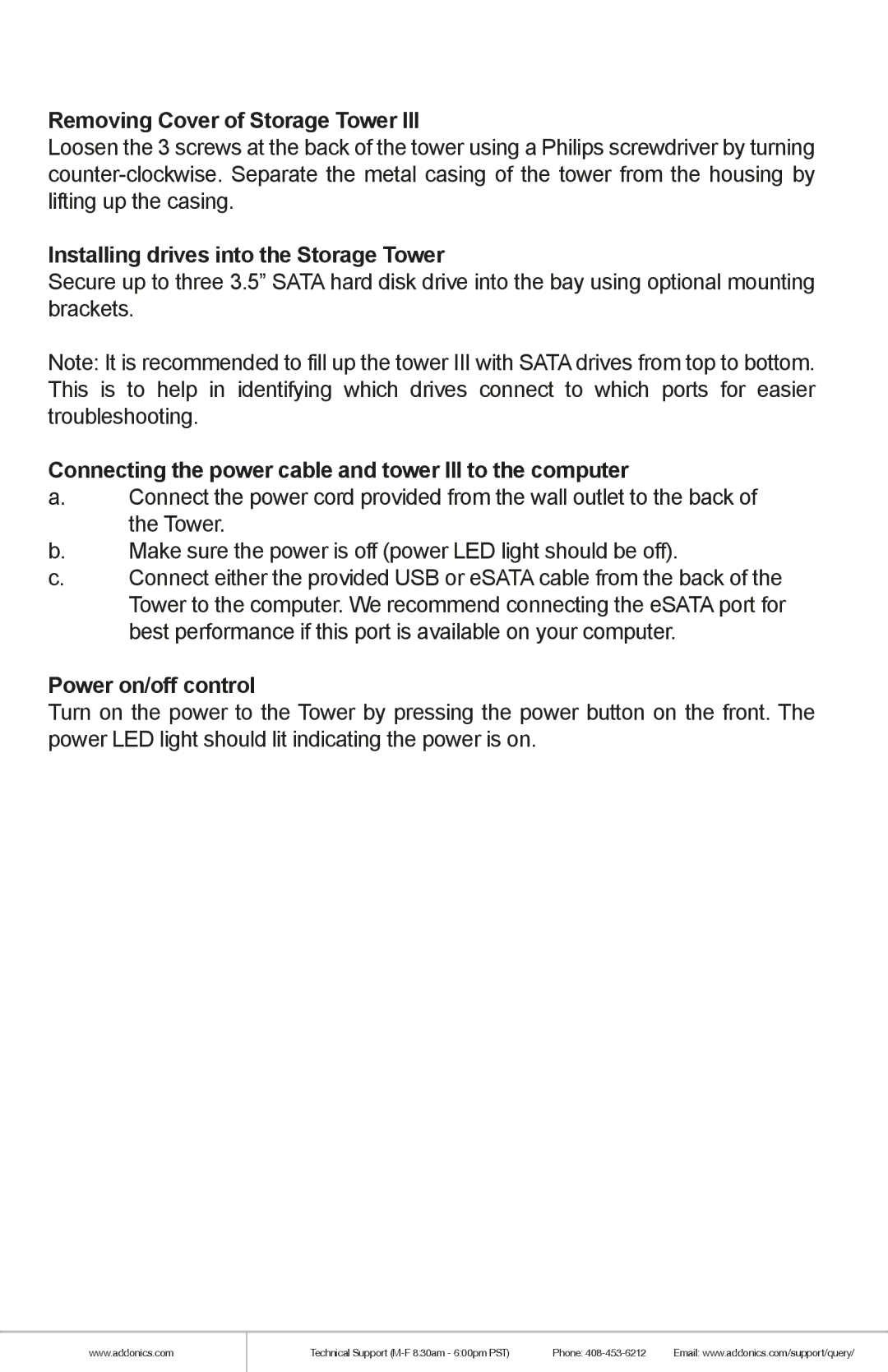 Addonics Technologies ST3HPMRXA manual Removing Cover of Storage Tower, Installing drives into the Storage Tower 