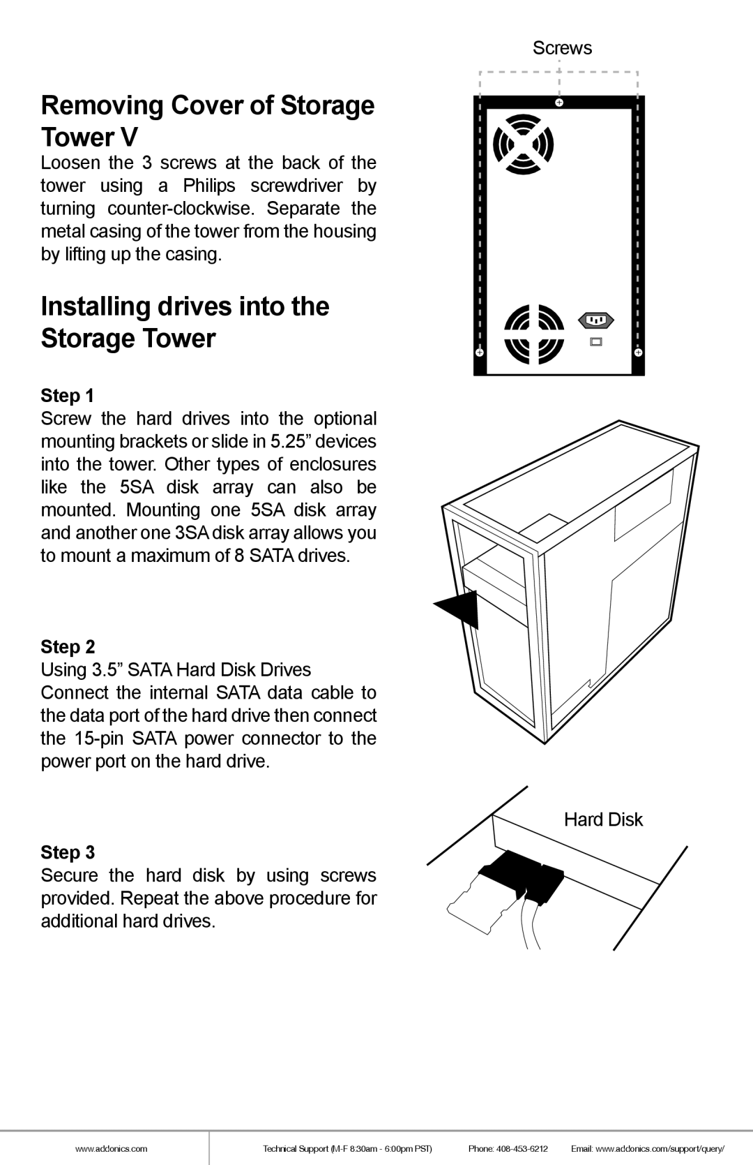 Addonics Technologies ST55HPMXA manual Removing Cover of Storage Tower, Installing drives into Storage Tower, Step 