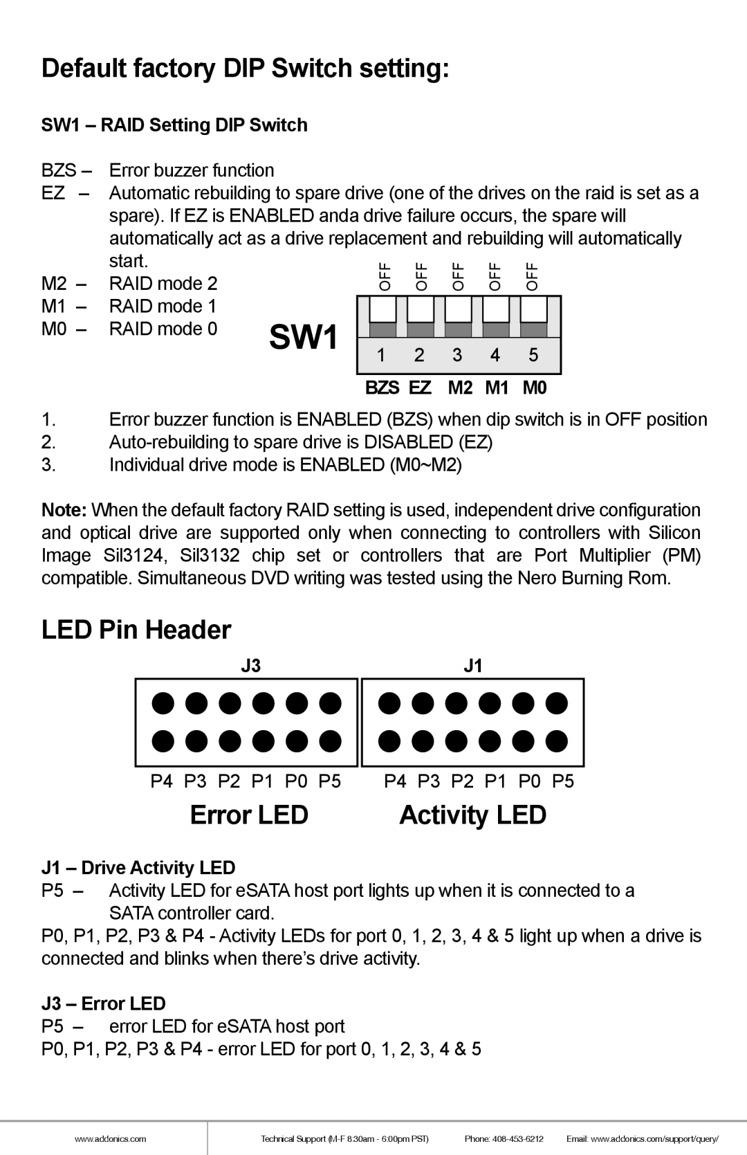 Addonics Technologies ST55HPMXU manual SW1 RAID Setting DIP Switch, J3J1, J1 Drive Activity LED, J3 Error LED 