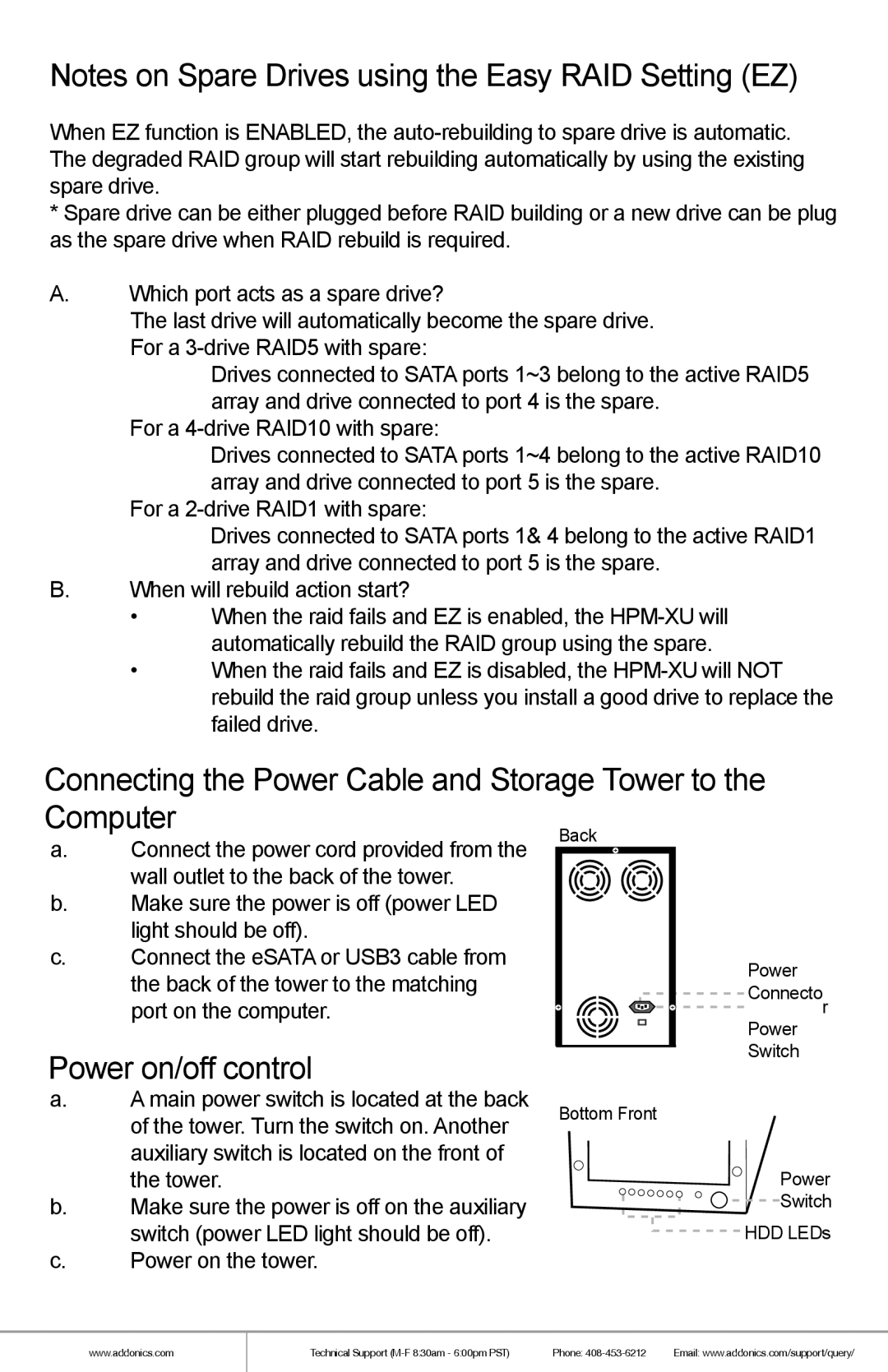 Addonics Technologies ST55HPMXU manual Connecting the Power Cable and Storage Tower to 