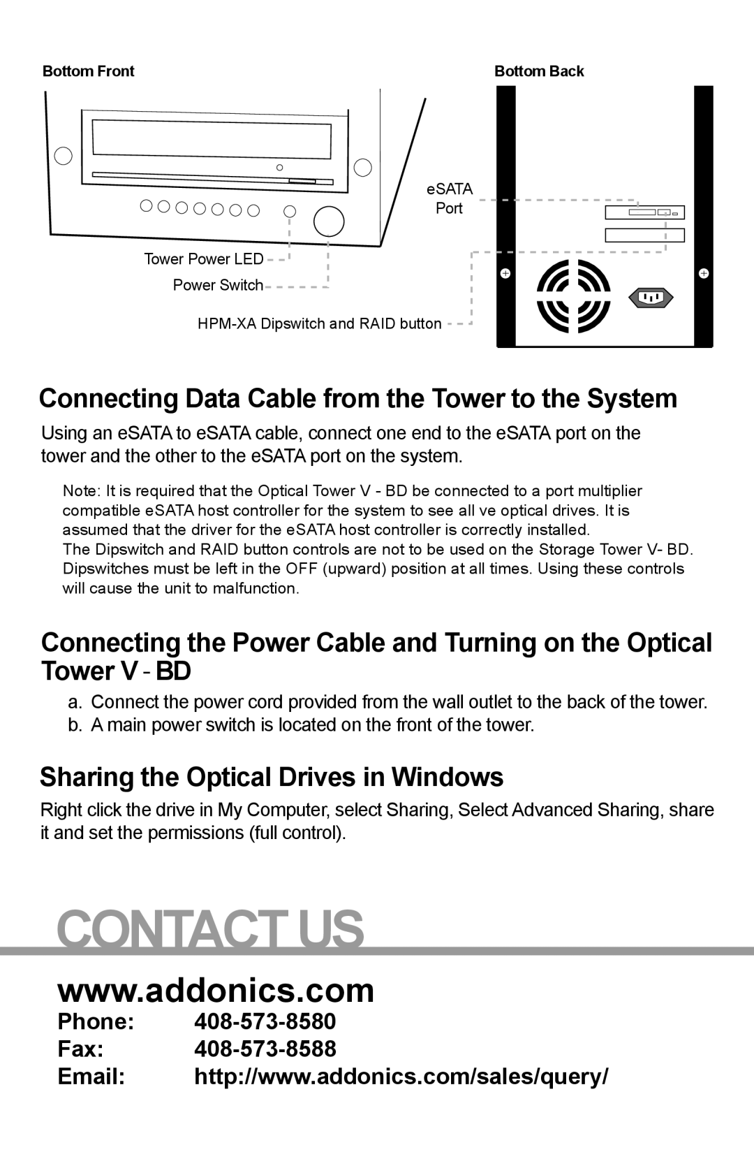 Addonics Technologies ST5BDVES manual Contact Us, Connecting Data Cable from the Tower to the System, Phone Fax 