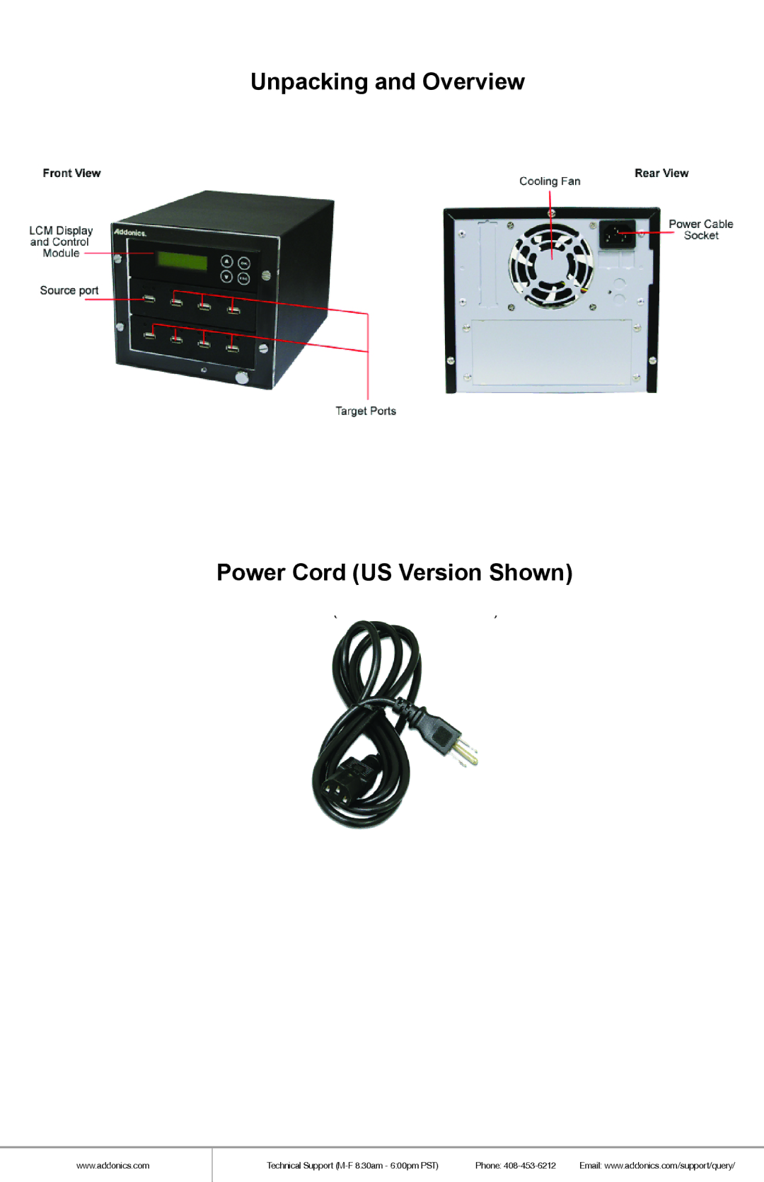 Addonics Technologies UDFH7 manual Unpacking and Overview Power Cord US Version Shown 