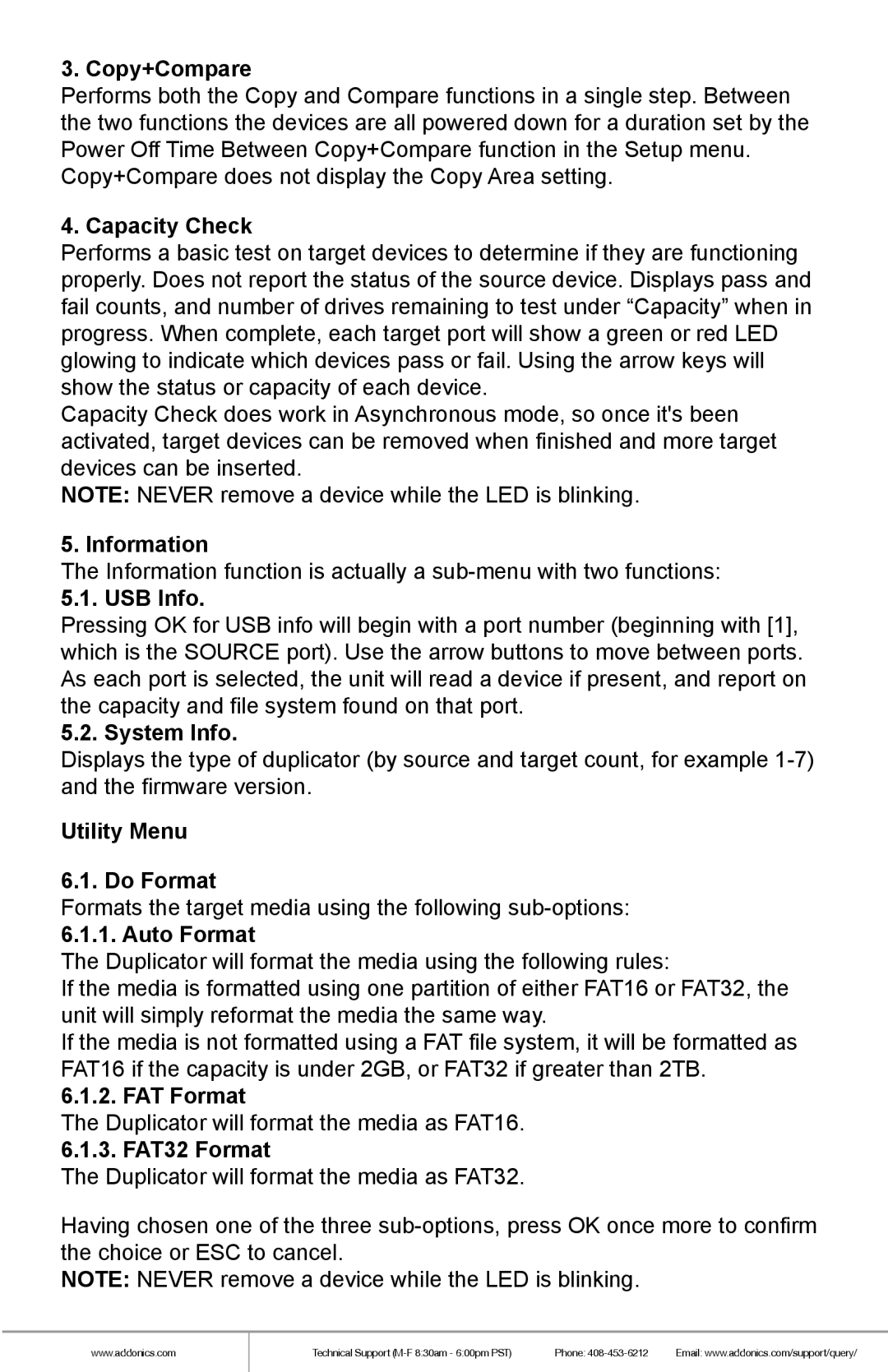 Addonics Technologies UDFH7 manual Copy+Compare, Capacity Check, Information, USB Info, System Info, Utility Menu Do Format 