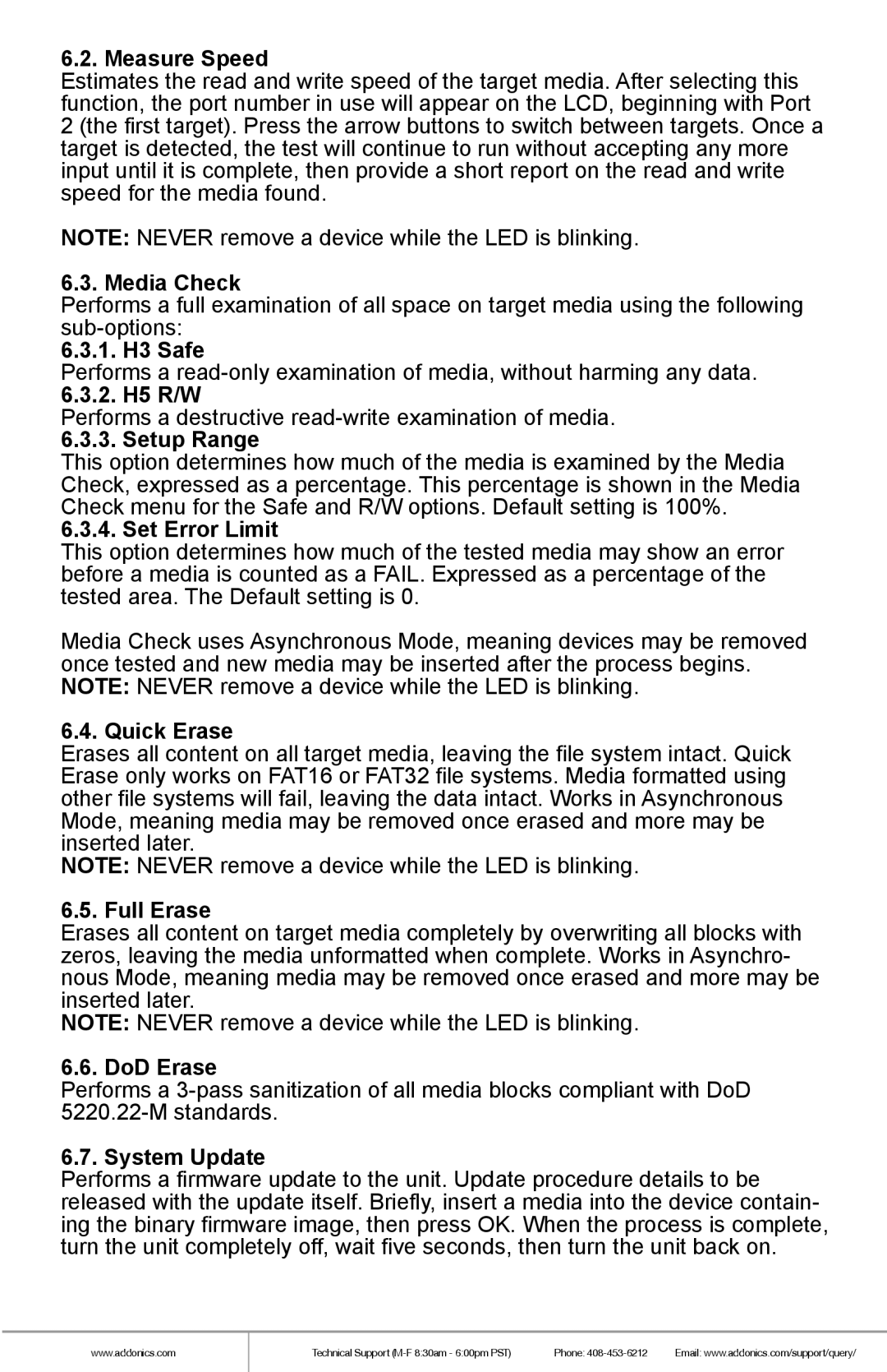 Addonics Technologies UDFH7 Measure Speed, Media Check, 1. H3 Safe, 2. H5 R/W, Setup Range, Set Error Limit, Quick Erase 