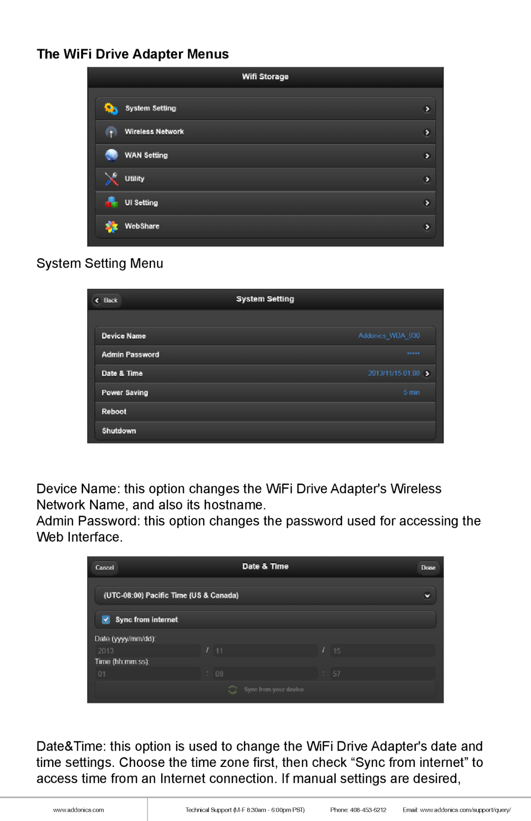 Addonics Technologies WDAUSM-P manual WiFi Drive Adapter Menus 