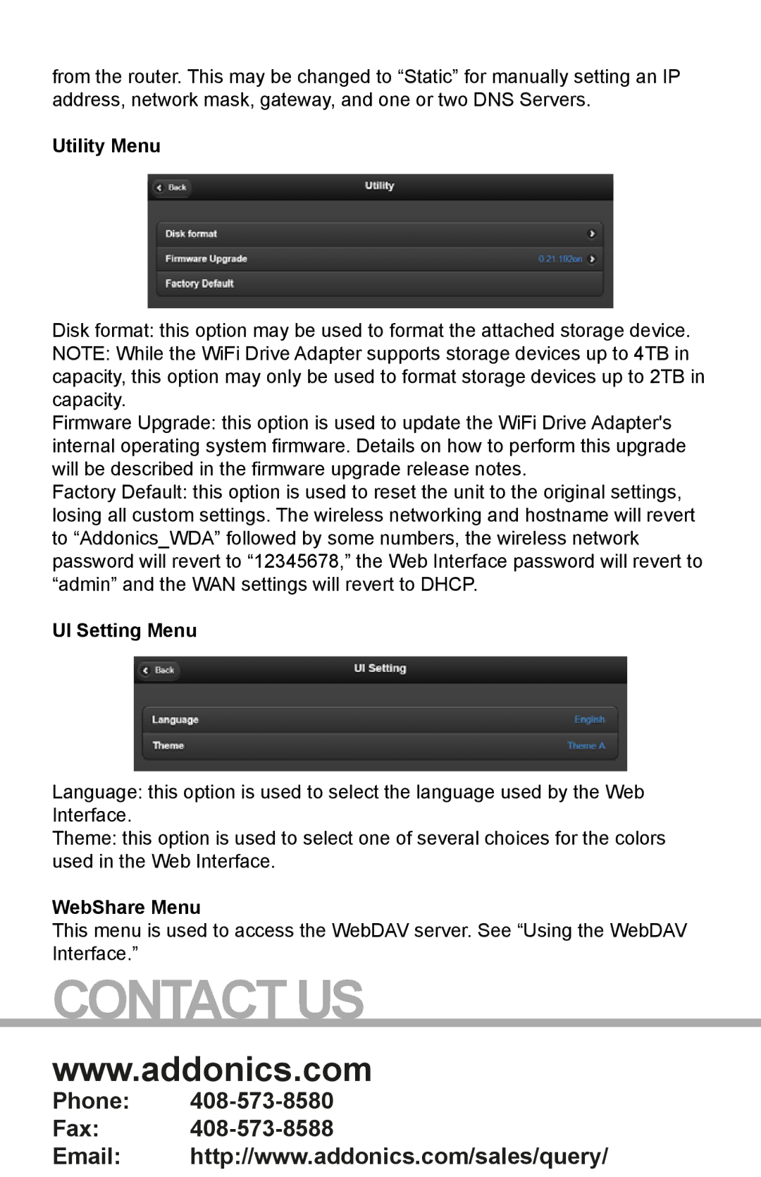 Addonics Technologies WDAUSM-P manual Utility Menu, UI Setting Menu, WebShare Menu 