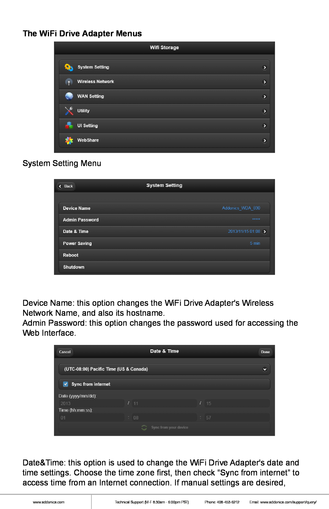 Addonics Technologies WDAUSM-P manual The WiFi Drive Adapter Menus 
