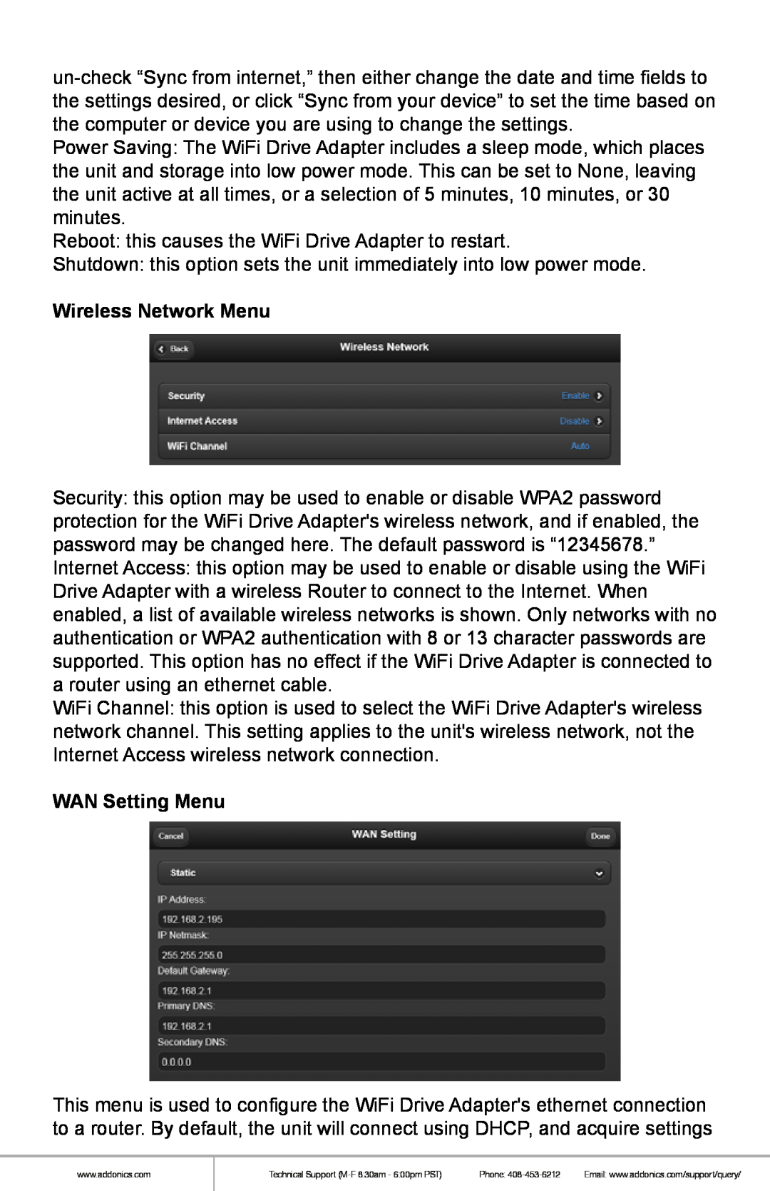Addonics Technologies WDAUSM-P manual Wireless Network Menu, WAN Setting Menu 