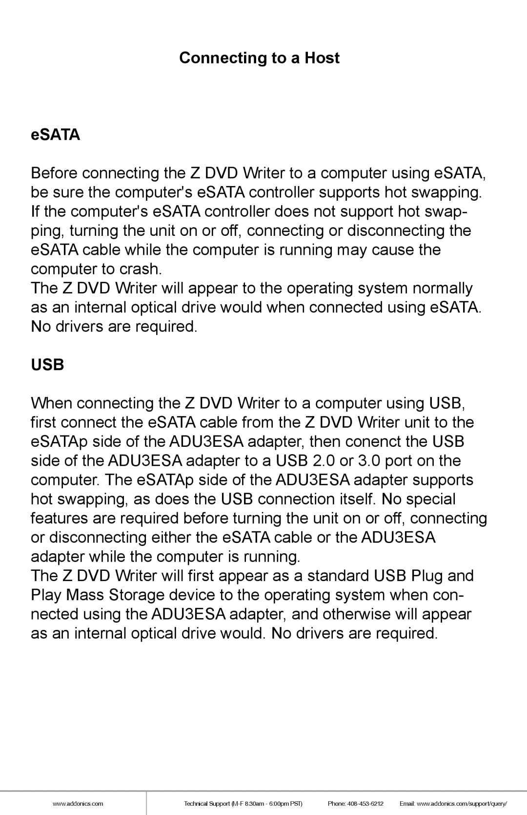 Addonics Technologies ZDRWESU3 manual Connecting to a Host ESATA, Usb 