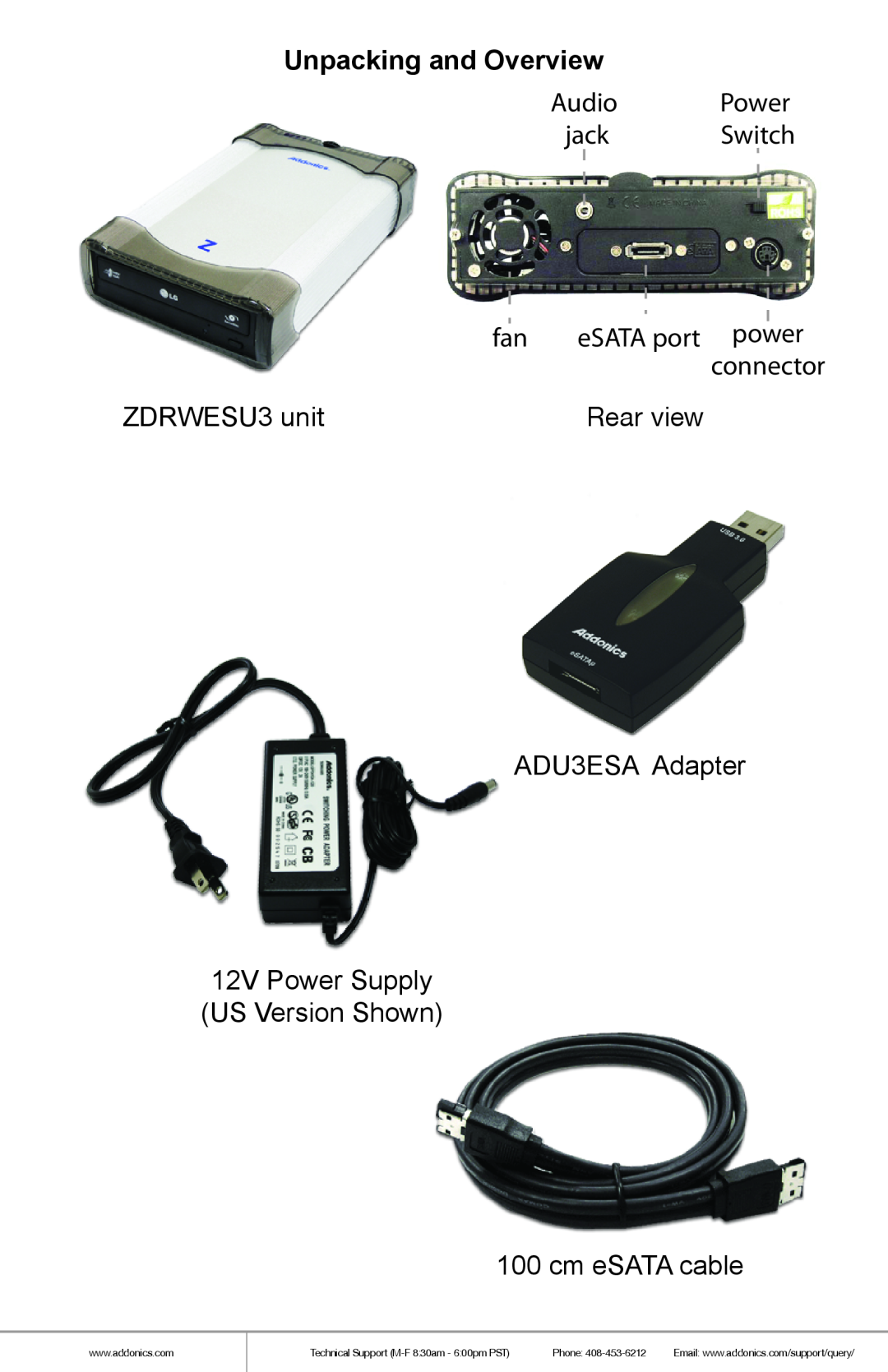 Addonics Technologies ZDRWESU3 Unpacking and Overview, Audio, jack, Switch, Technical Support M-F 830am - 600pm PST, Phone 
