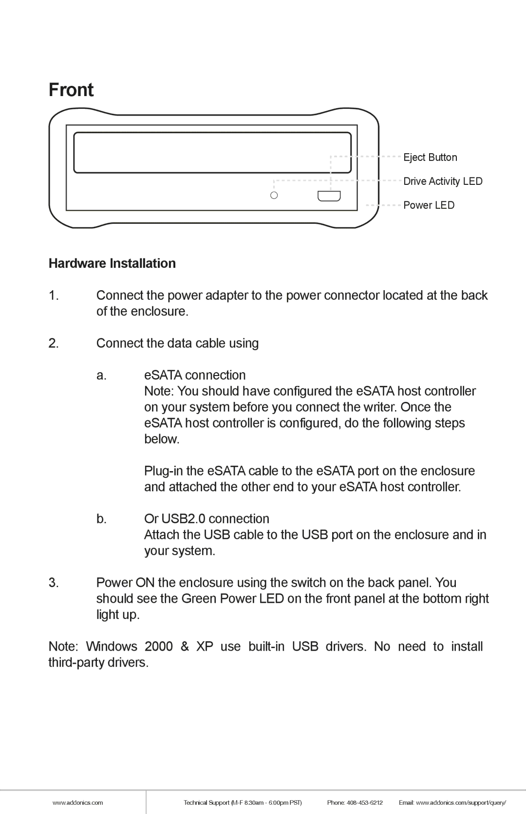 Addonics Technologies ZDVRRWESU manual Front, Hardware Installation 