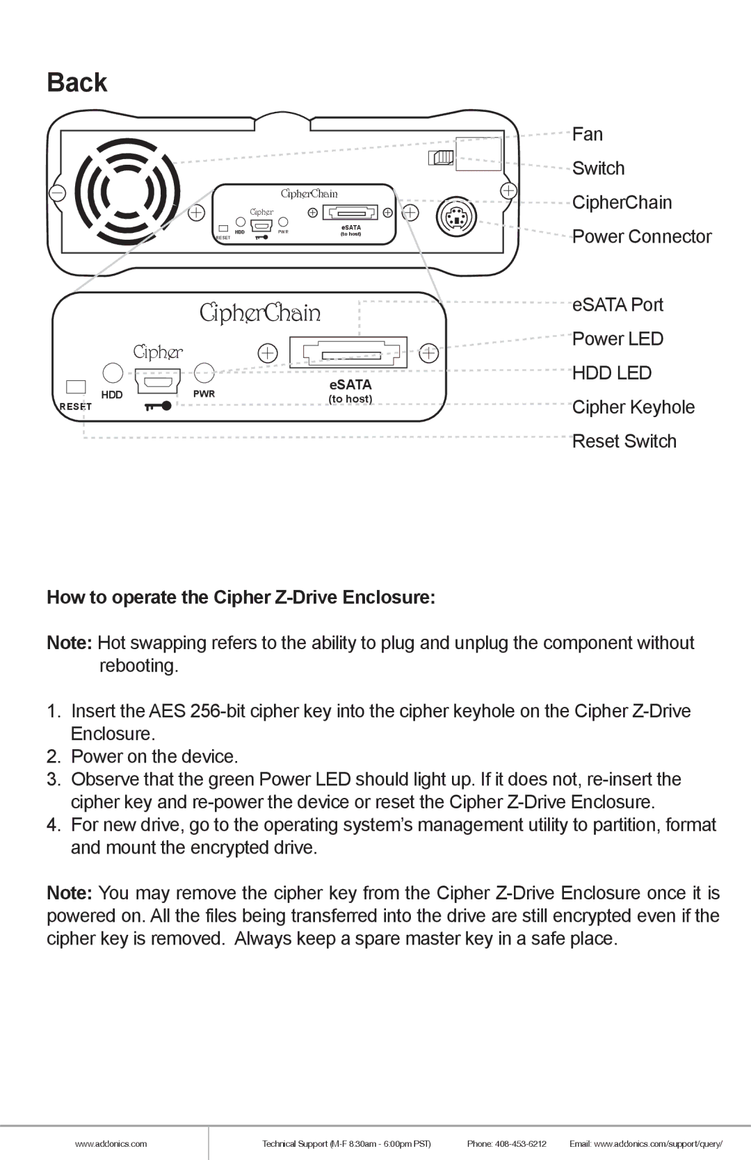 Addonics Technologies ZESAES256, ZSAES256EU manual Back, How to operate the Cipher Z-Drive Enclosure 