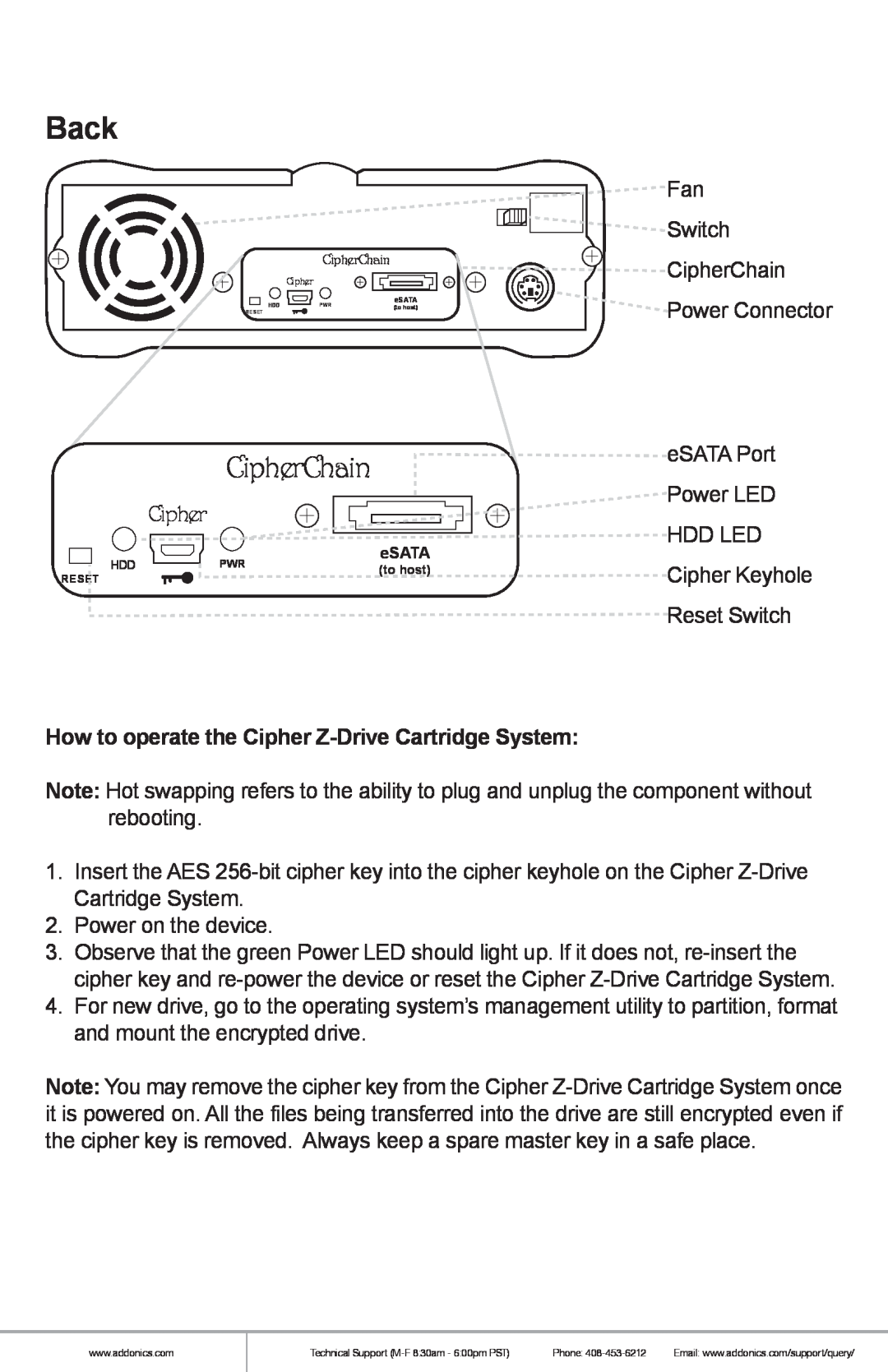 Addonics Technologies ZSNA256EU, ZSNAES256 manual Back, How to operate the Cipher Z-Drive Cartridge System, CipherChain 
