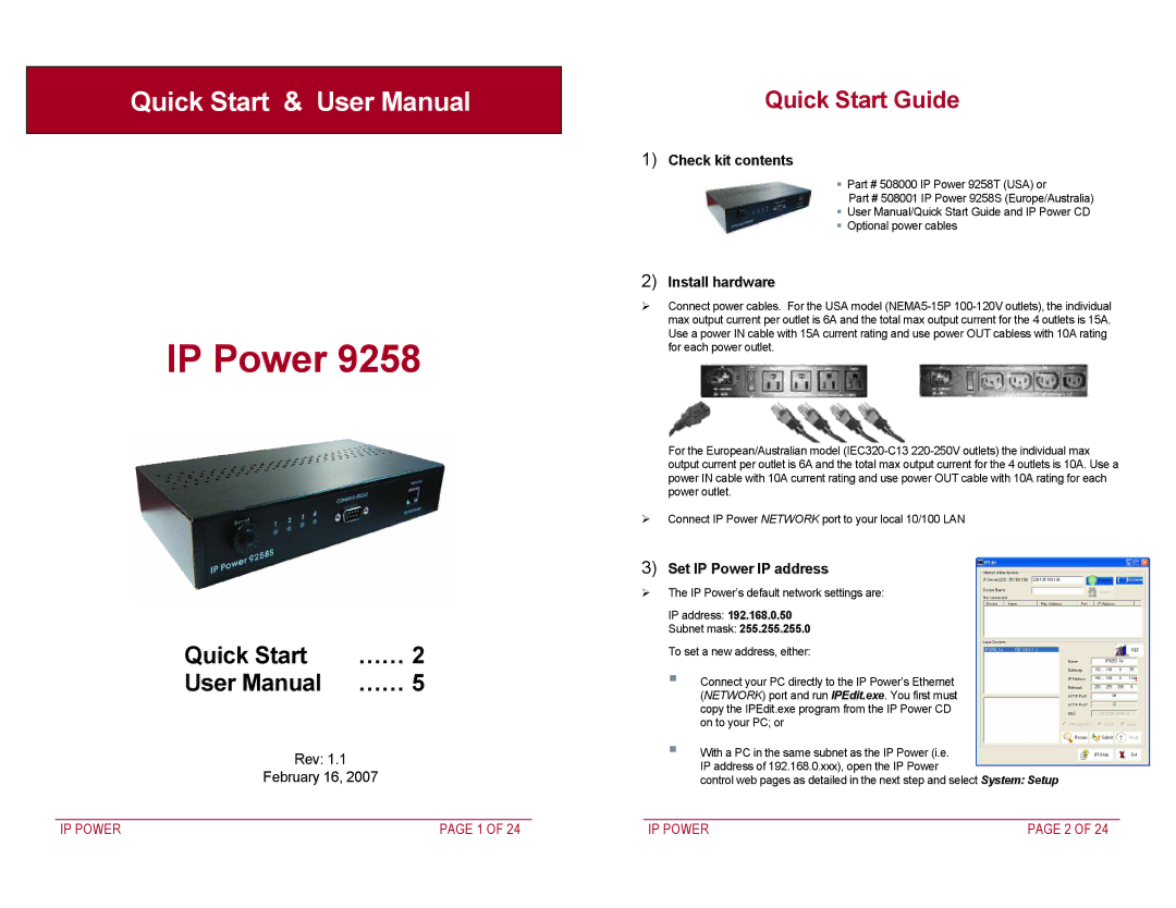 Addtron Technology 9258 quick start Rev February 16, Check kit contents, Install hardware, Set IP Power IP address 