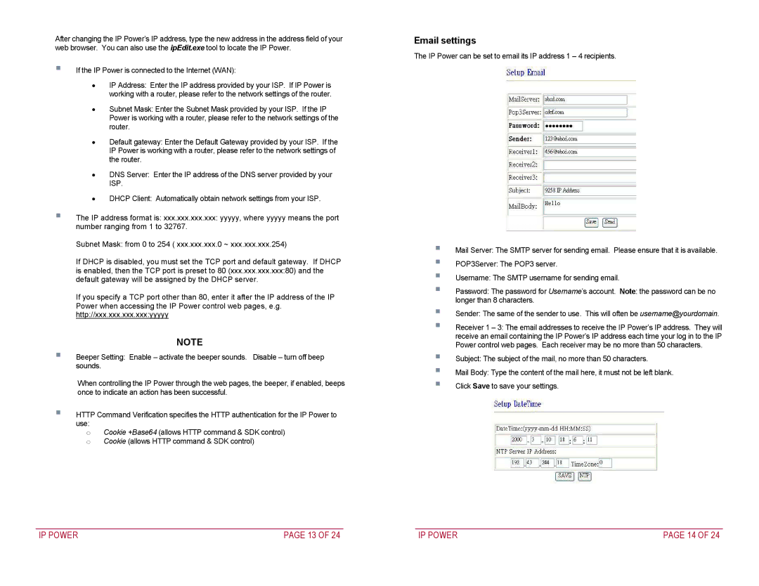 Addtron Technology 9258 quick start Email settings, If the IP Power is connected to the Internet WAN 