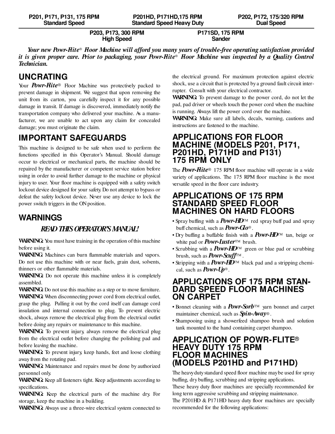 Addtron Technology P201 manual Uncrating, Important Safeguards, RPM only, Application of POWR-FLITE 