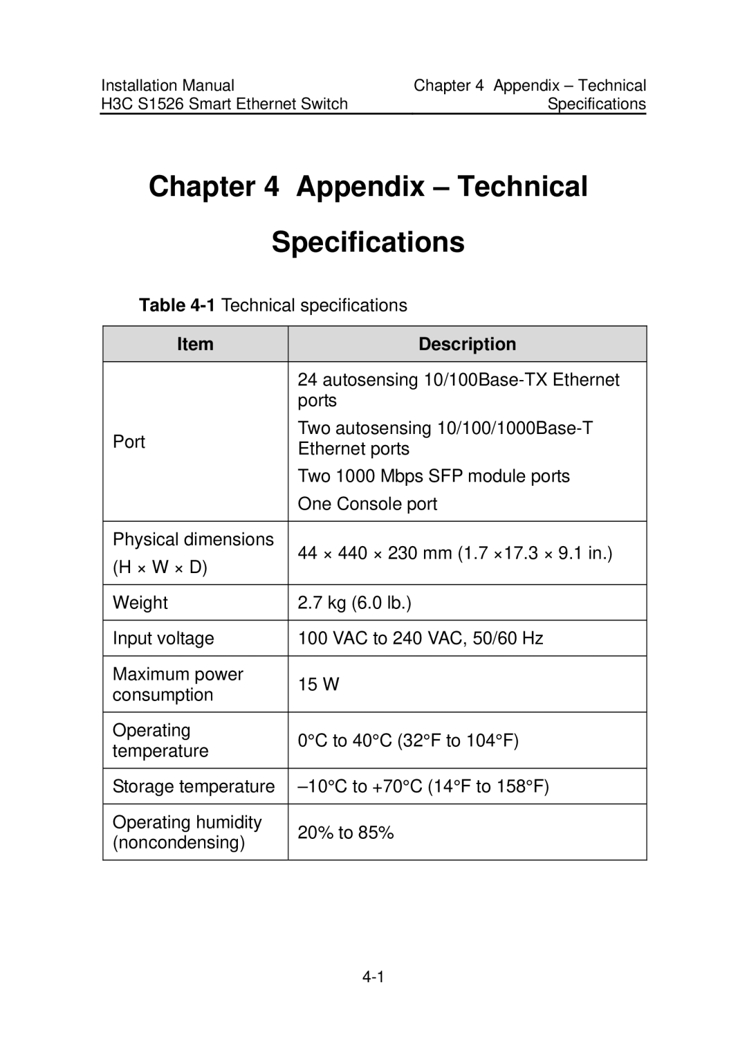 Addtron Technology S1526 installation manual Appendix Technical Specifications, Description 