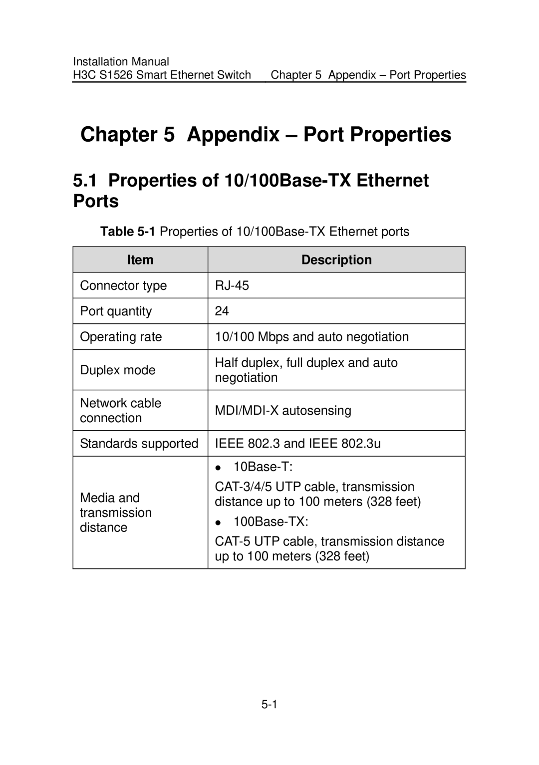 Addtron Technology S1526 installation manual Appendix Port Properties, Properties of 10/100Base-TX Ethernet Ports 