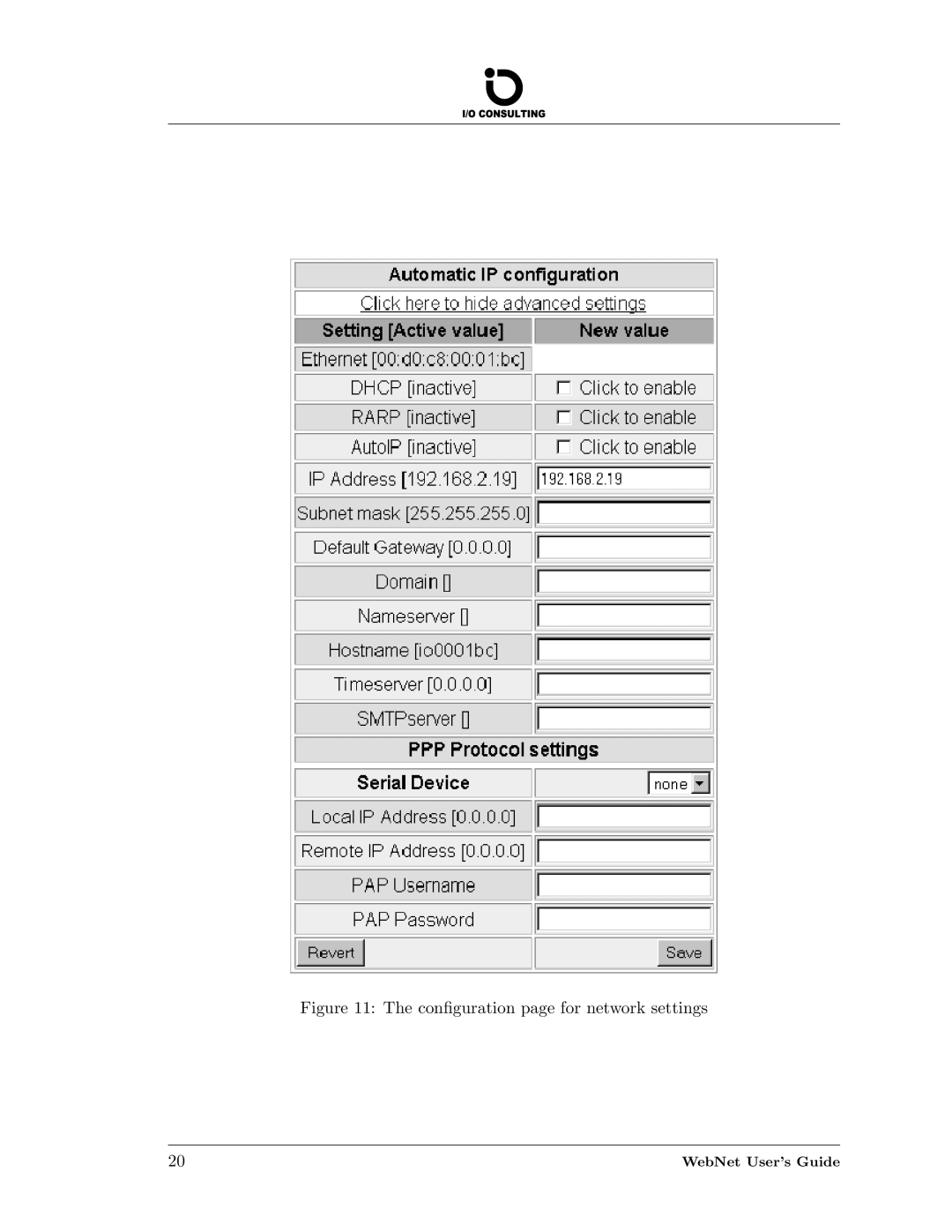 Addtron Technology WebNet manual Conﬁguration page for network settings 