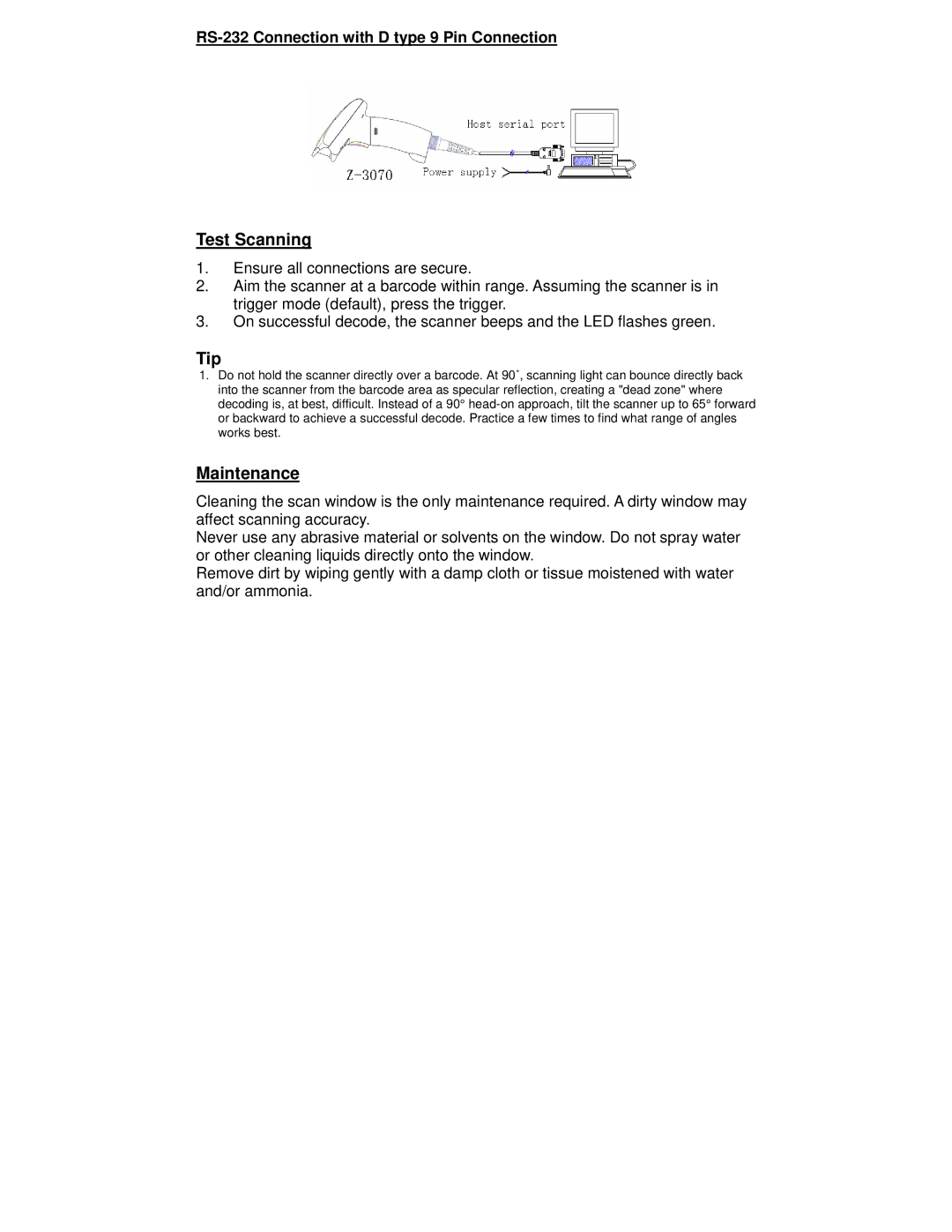 Adesso 2000 manual Test Scanning, Tip, Maintenance, RS-232 Connection with D type 9 Pin Connection 