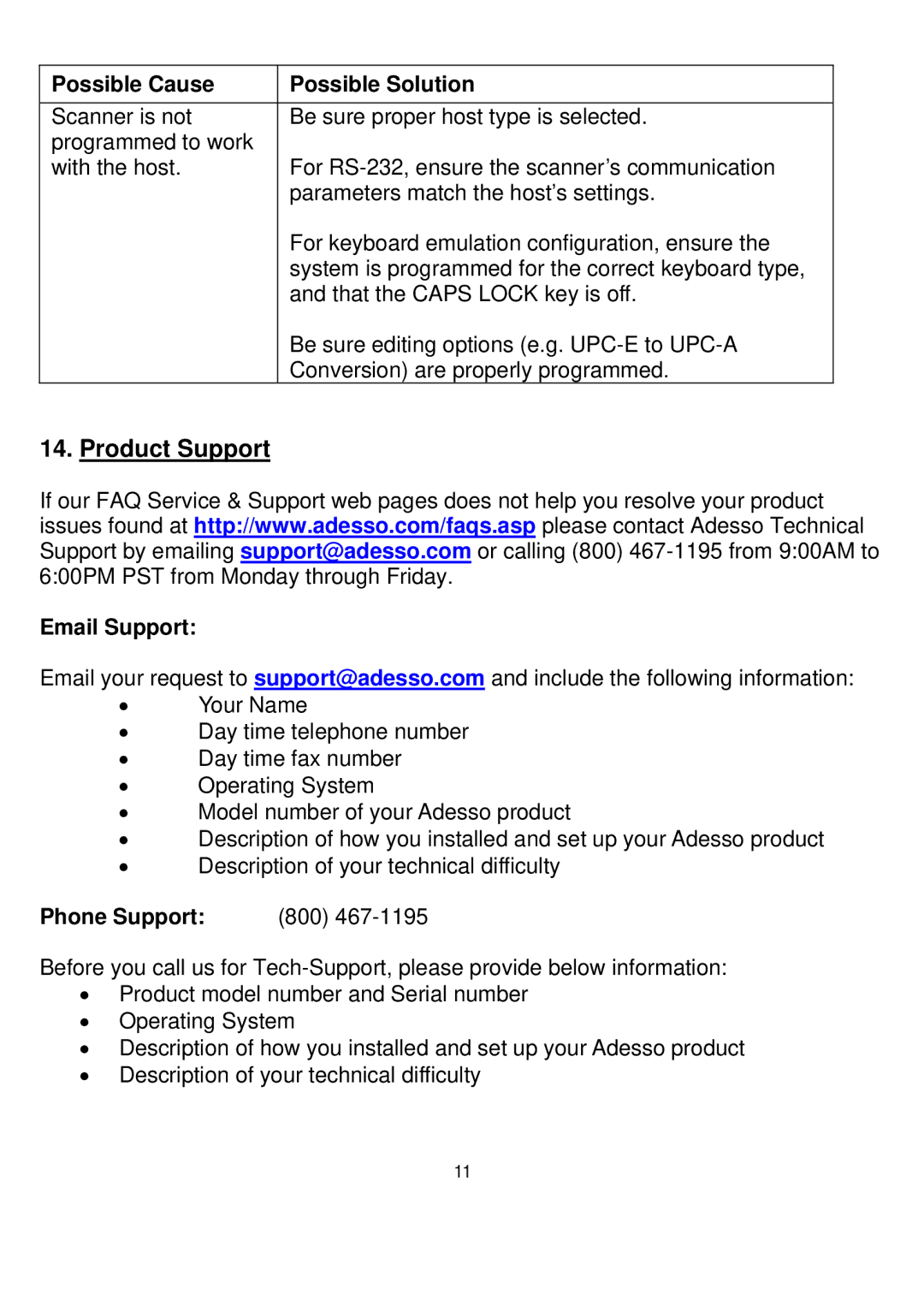 Adesso 2100 Series manual Product Support, Possible Cause Possible Solution, Email Support, Phone Support 