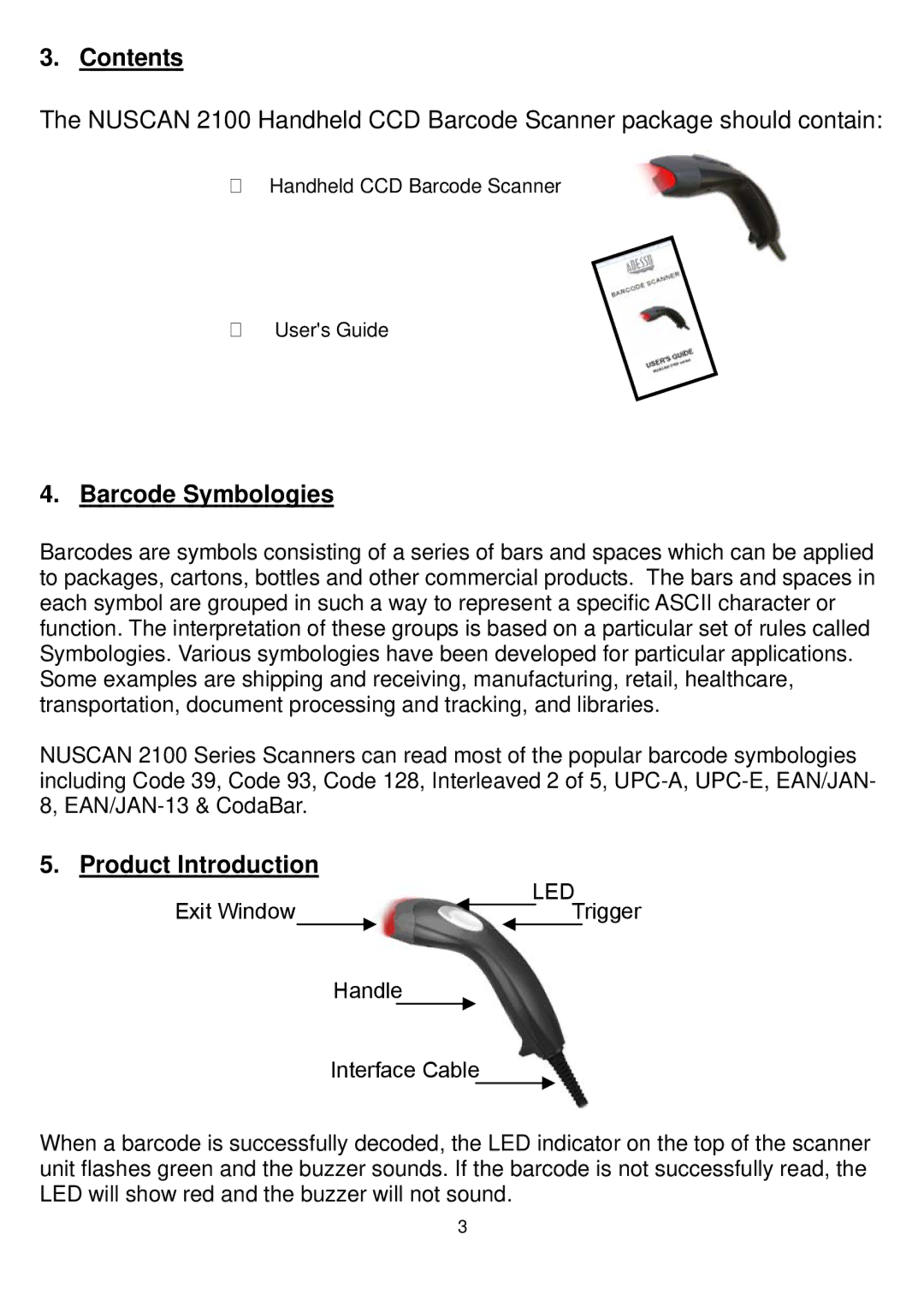 Adesso 2100 Series manual Contents, Barcode Symbologies, Product Introduction 