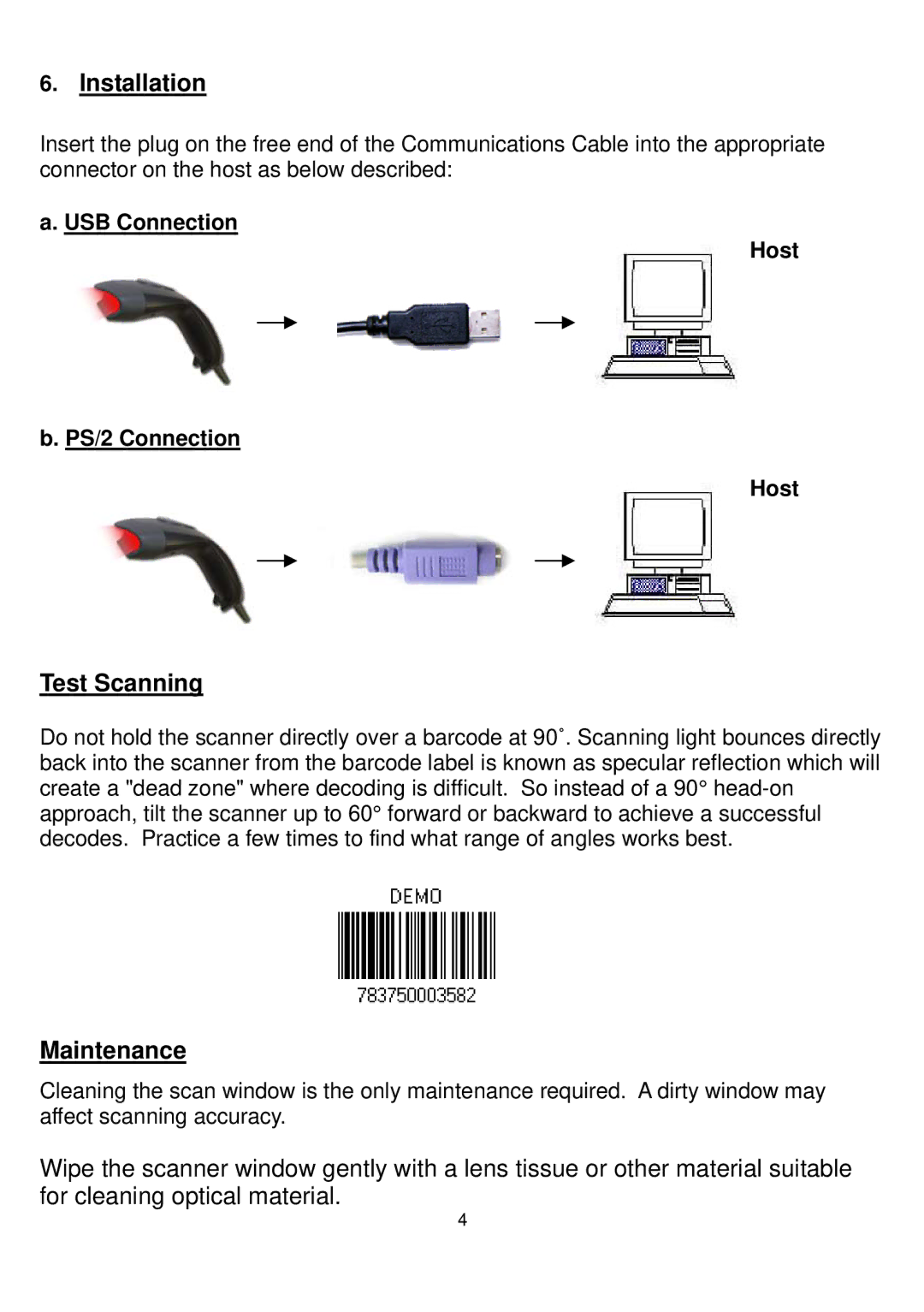 Adesso 2100 Series manual Installation, Test Scanning, Maintenance, USB Connection Host PS/2 Connection 