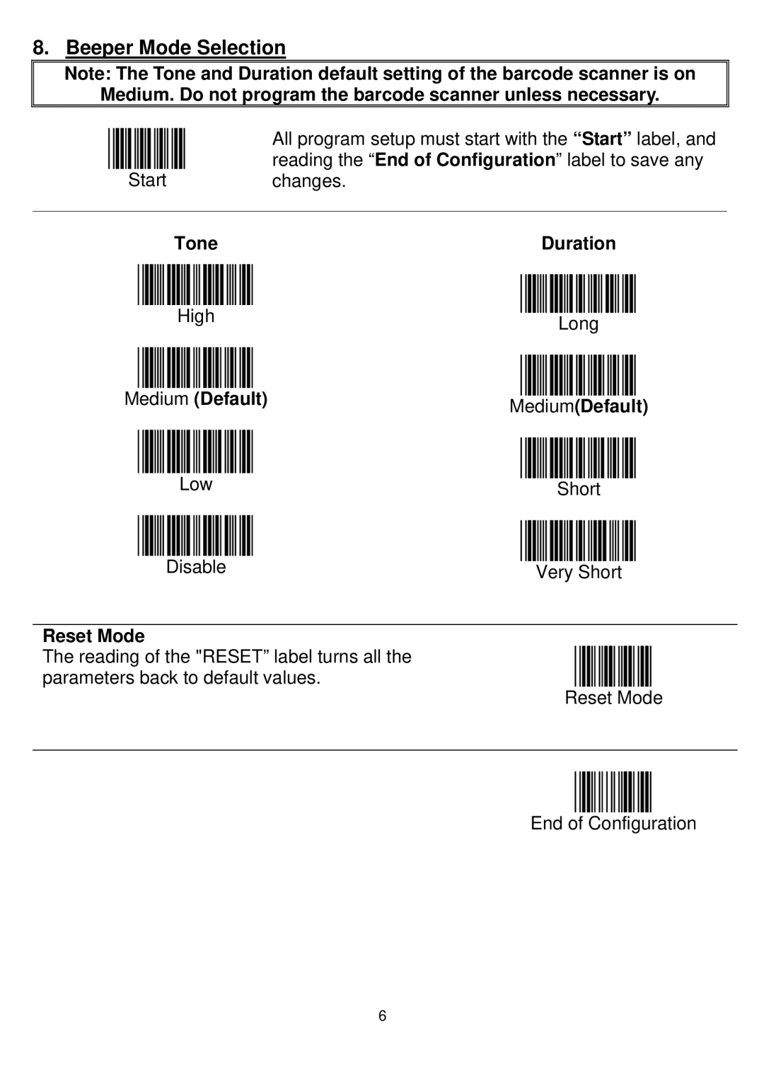 Adesso 2100 Series manual Beeper Mode Selection, Medium. Do not program the barcode scanner unless necessary, Tone Duration 