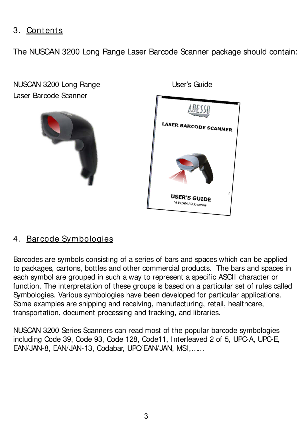 Adesso 3200 series manual Contents, Barcode Symbologies 