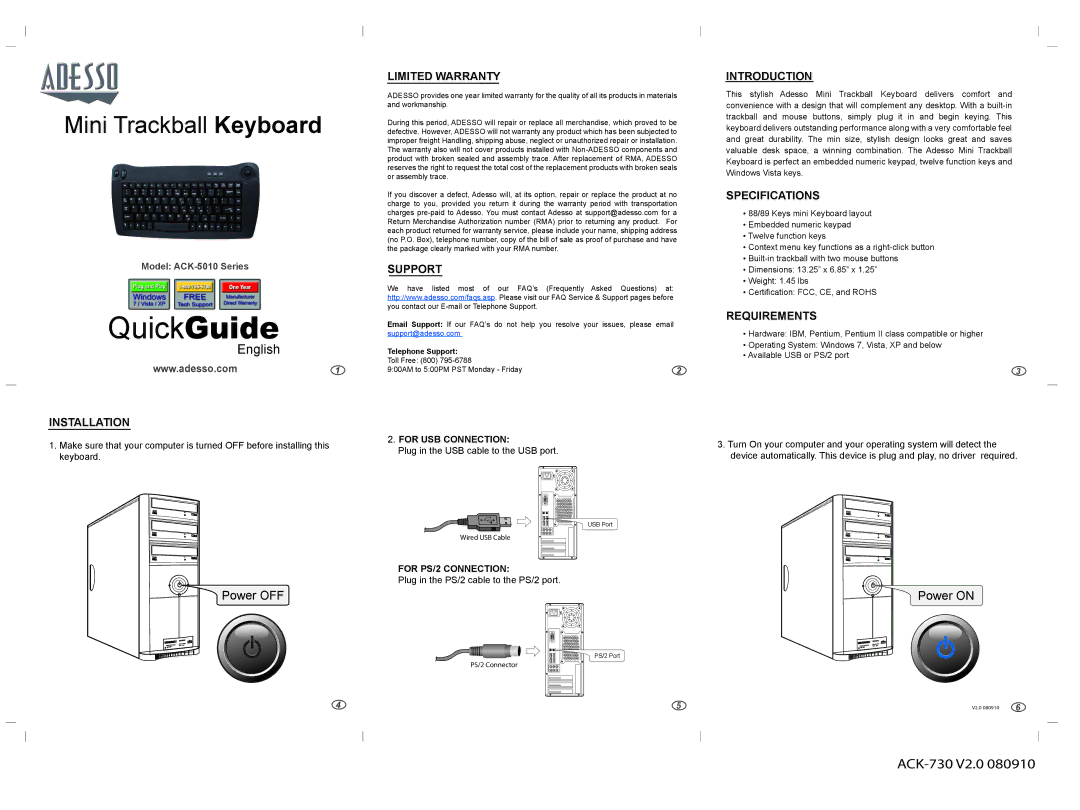 Adesso ACK-5010 specifications QuickGuide, English, ACK-730 V2.0, Power OFF, Power on 