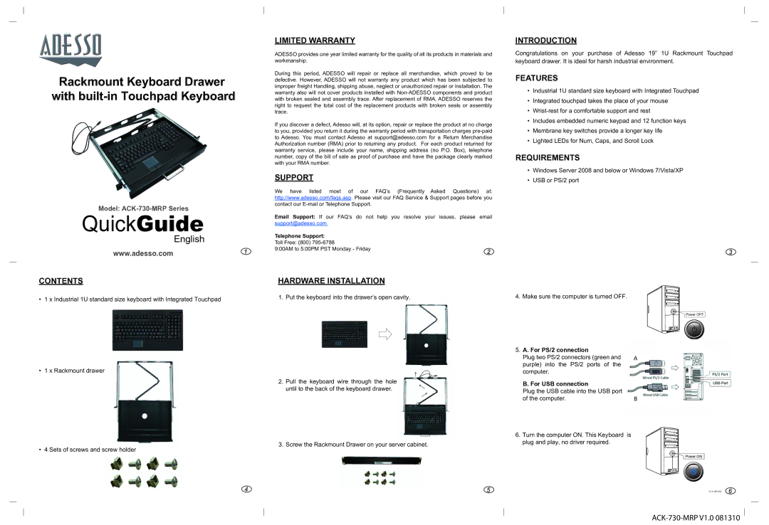 Adesso ACK-730-MRP warranty QuickGuide, English 