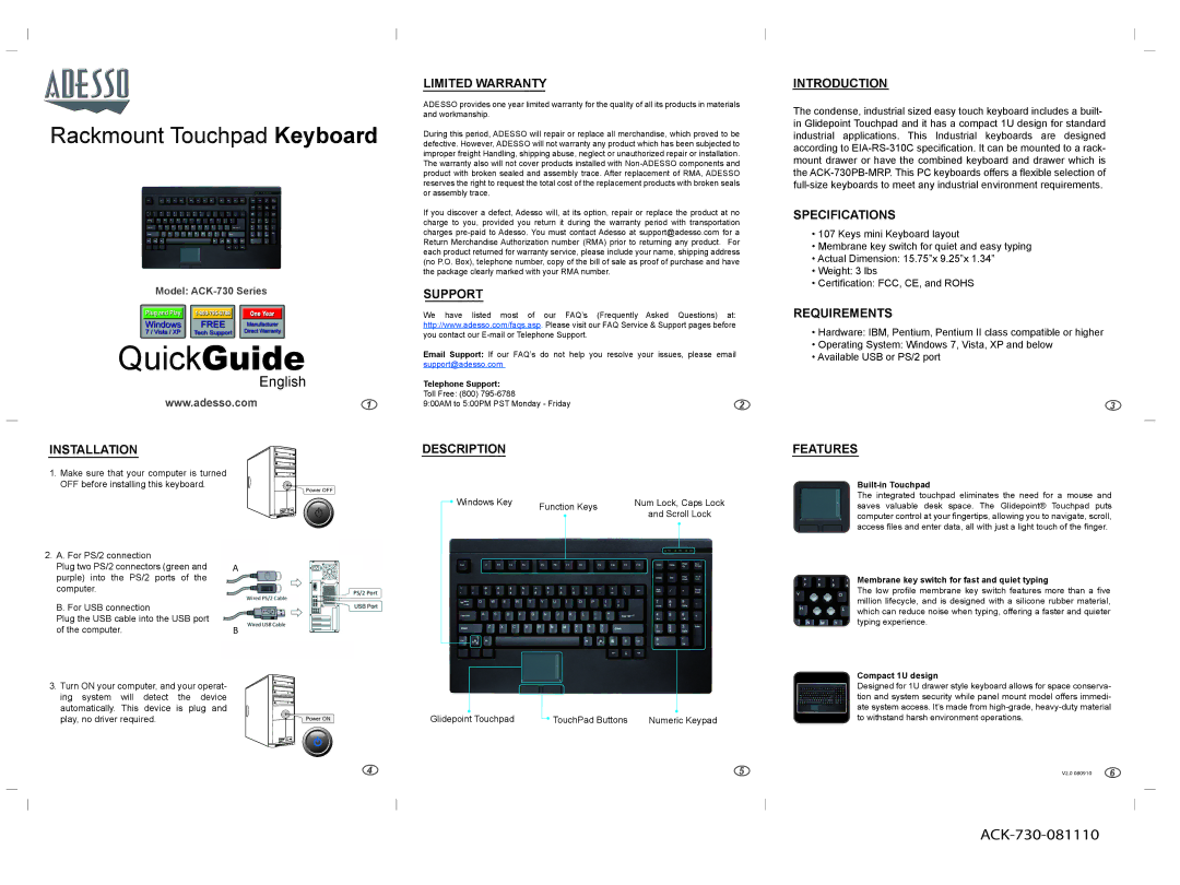 Adesso ACK-730 specifications Installation, Limited Warranty, Support, Description, Introduction, Specifications, Features 