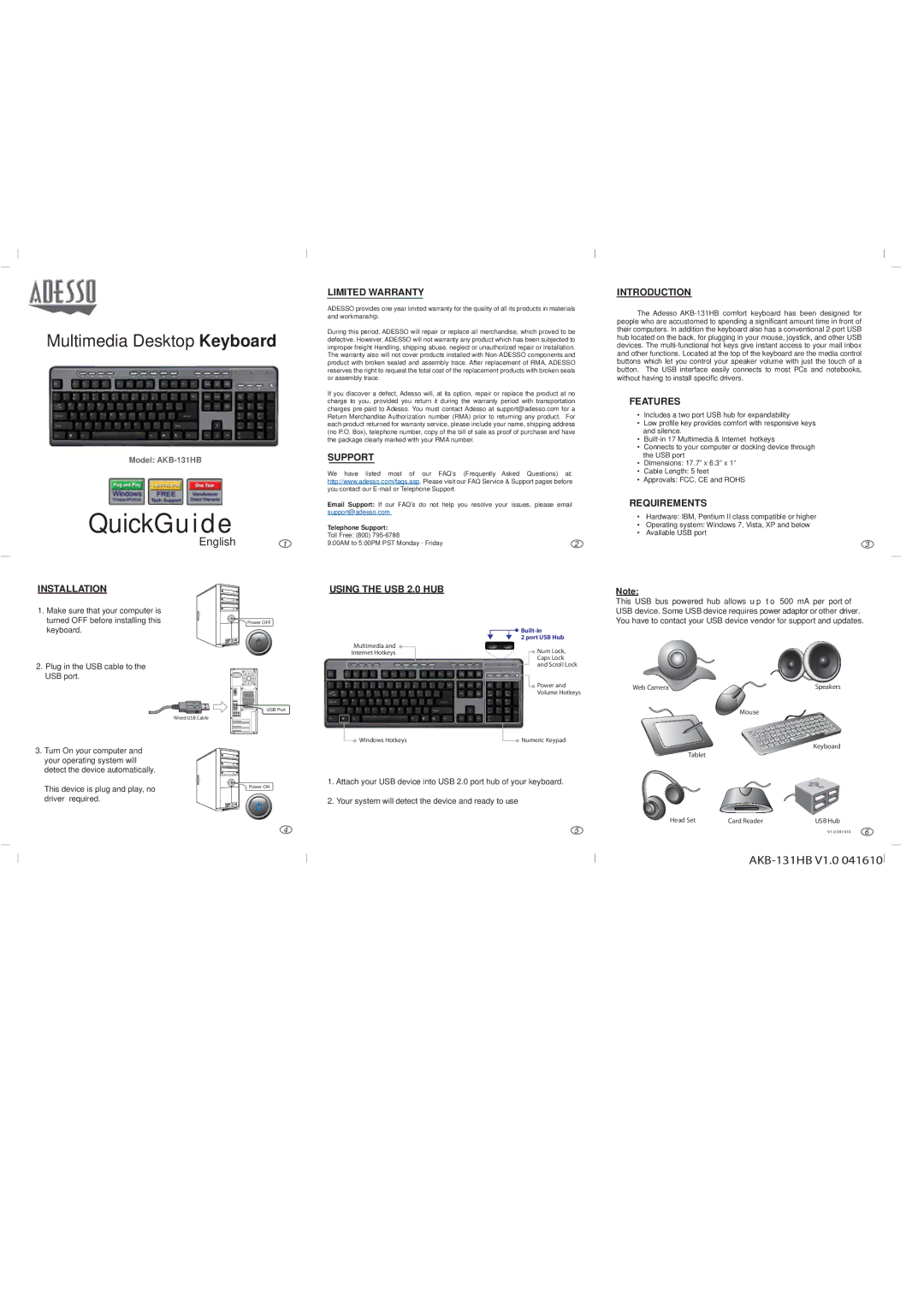 Adesso AKB-131HB warranty Limited Warranty, Support, Introduction, Features, Requirements, Installation 