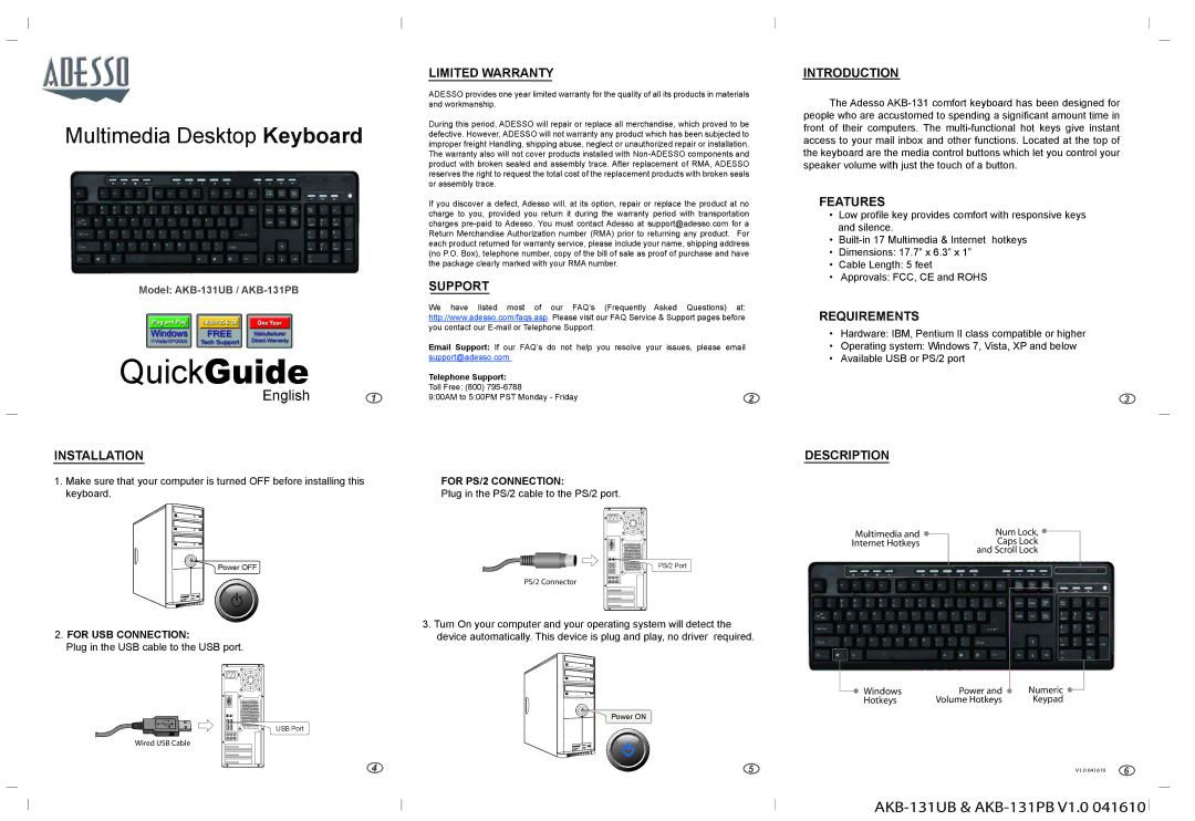 Adesso AKB-131PB warranty Installation, Limited Warranty, Support, Introduction, Features, Requirements, Description 