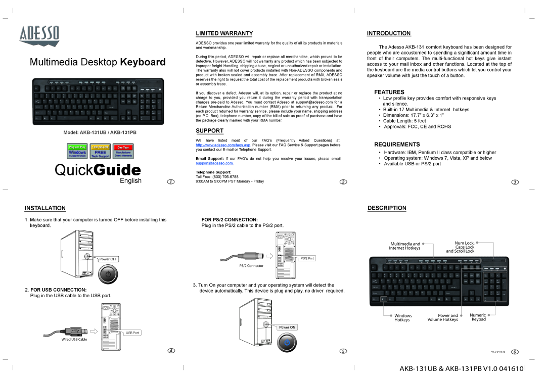 Adesso warranty QuickGuide, Multimedia Desktop Keyboard, English, AKB-131UB & AKB-131PB V1.0, Installation, Support 