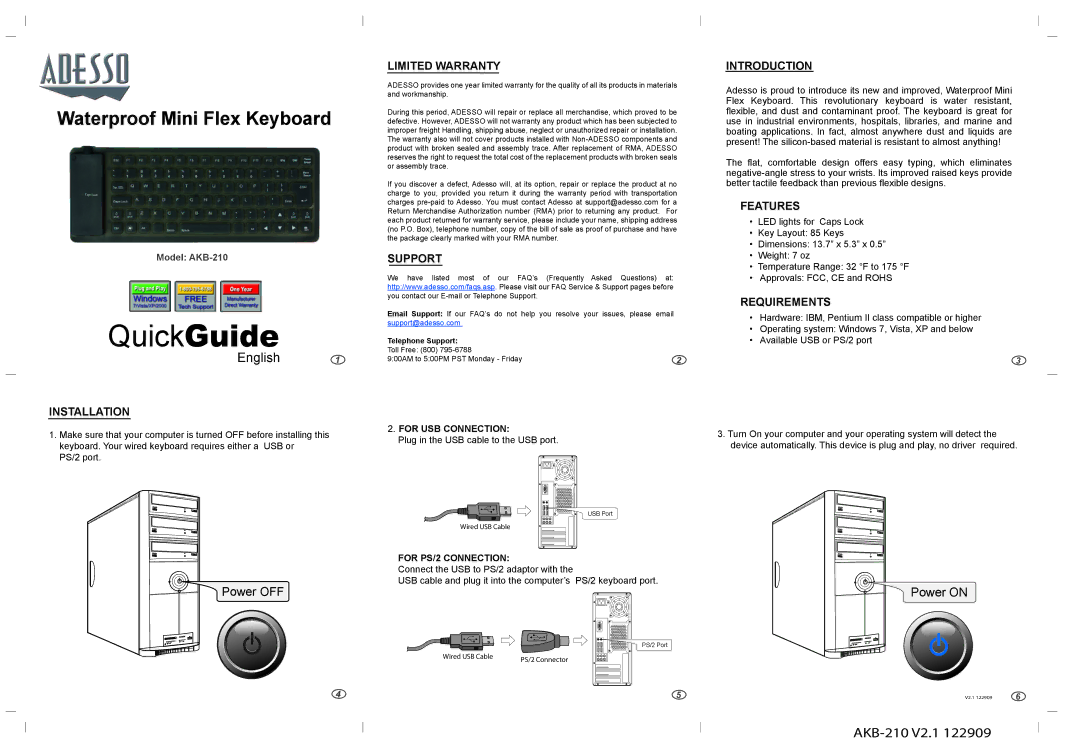 Adesso AKB-210 warranty Installation, Limited Warranty, Support, Introduction, Features, Requirements 